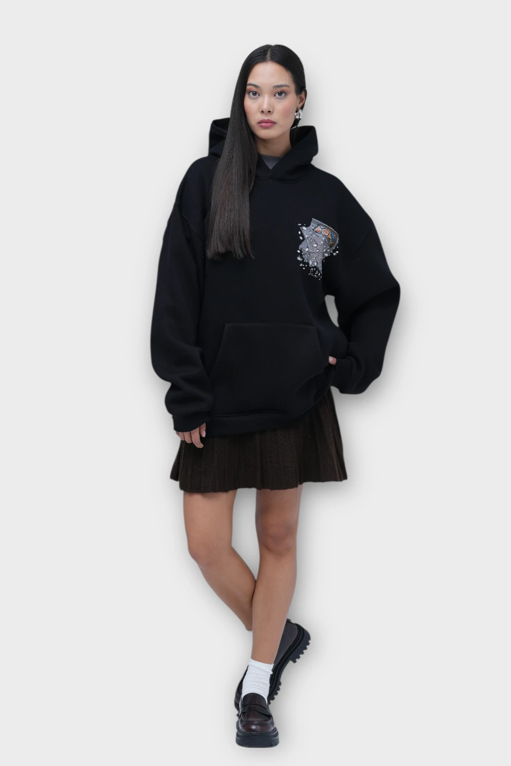 Mozaik Oversize Hoodie - Şardonlu %100 Pamuk - Siyah