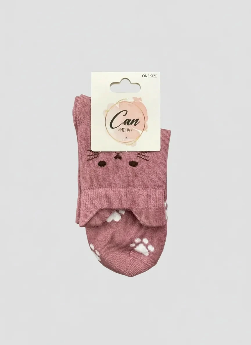 Kulaklı Kedi Desenli Gül Kurusu Renk Çorap (36-44 Numaraya Uygun) 