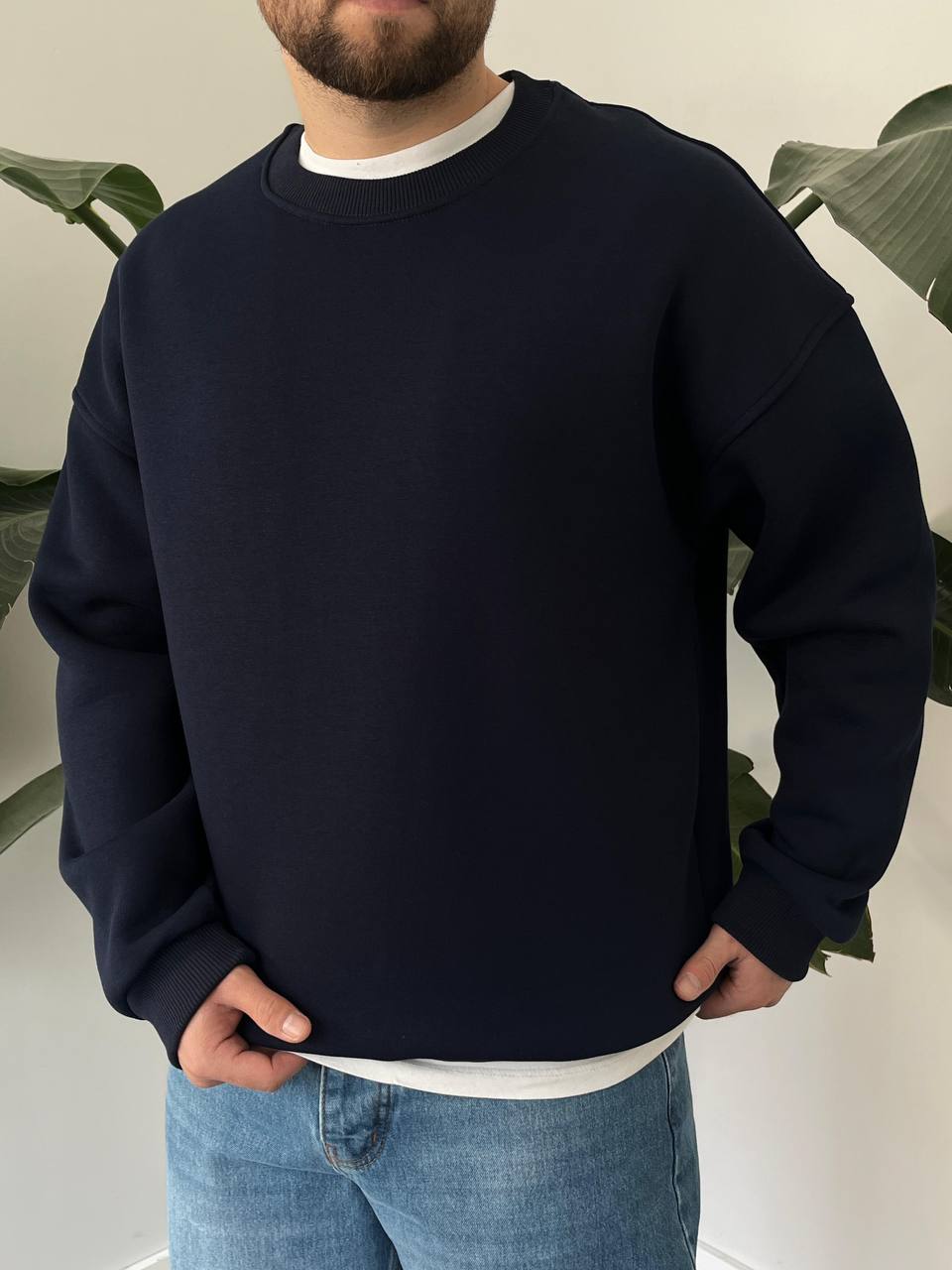 Basic Lacivert Oversize Kalın Sweatshirt - 3 İplik Şardonlu