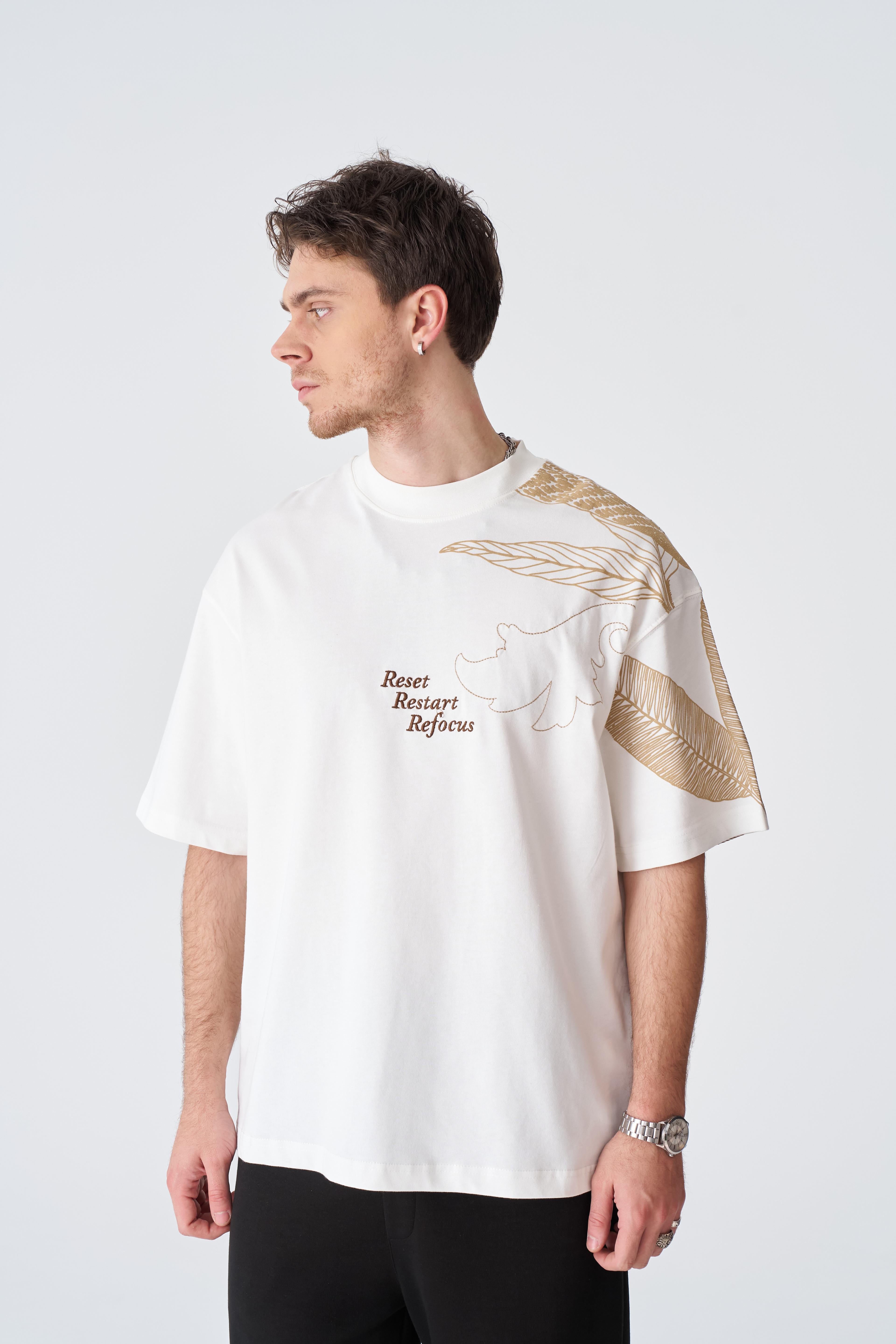 Reset Restart Refocus Oversize T-Shirt - Beyaz