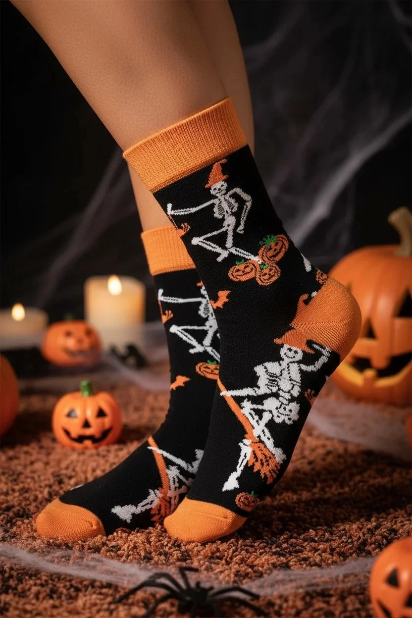İskelet ve Balkabağı Desenli Halloween Çorap (36-44 Numaraya Uygun)