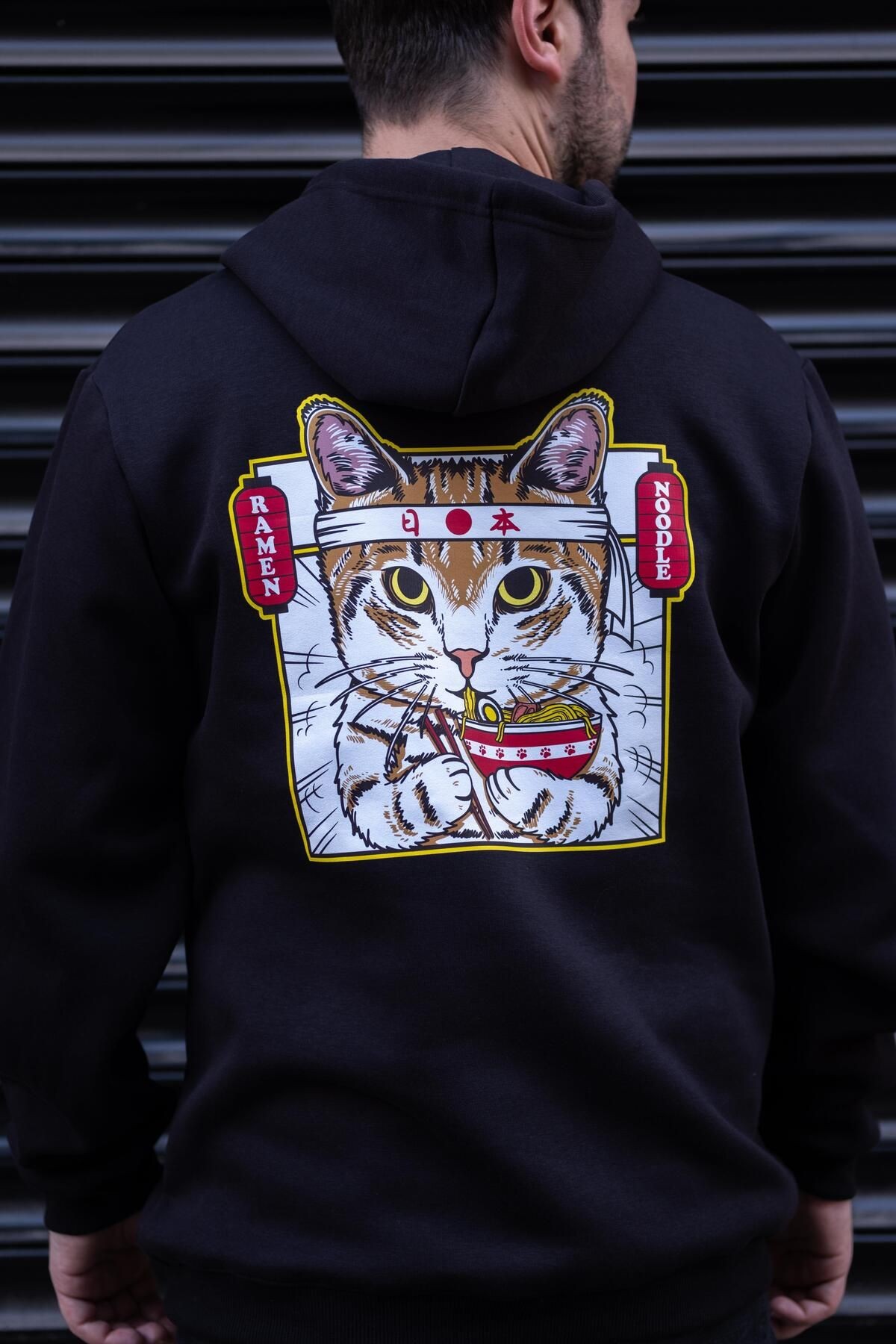 Ramen Kedi Baskılı Siyah Hoodie - CNSW12