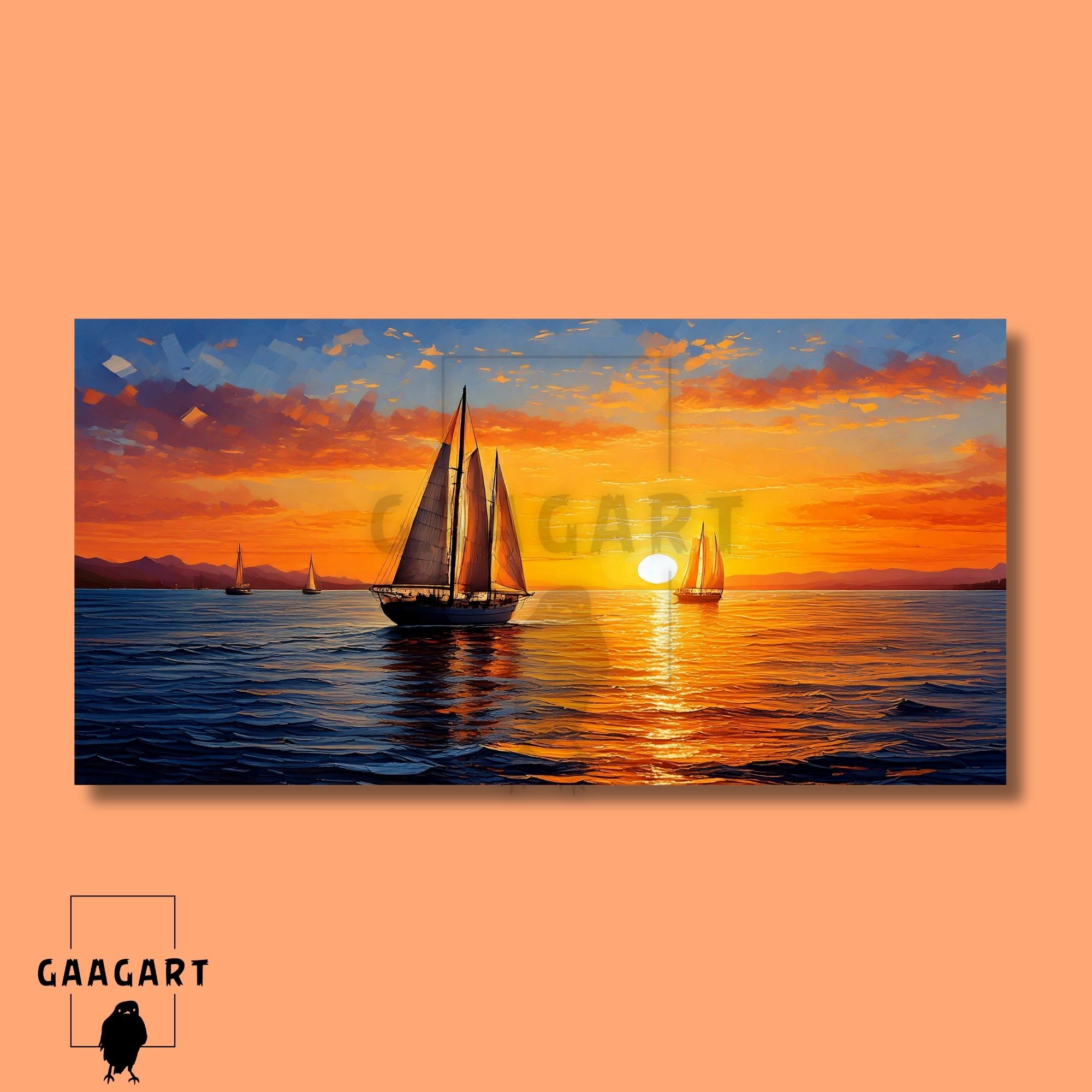 Panoramik Kanvas Duvar Tablosu Soyut Yağlı Boya Görünümlü Sunset Yelkenliler