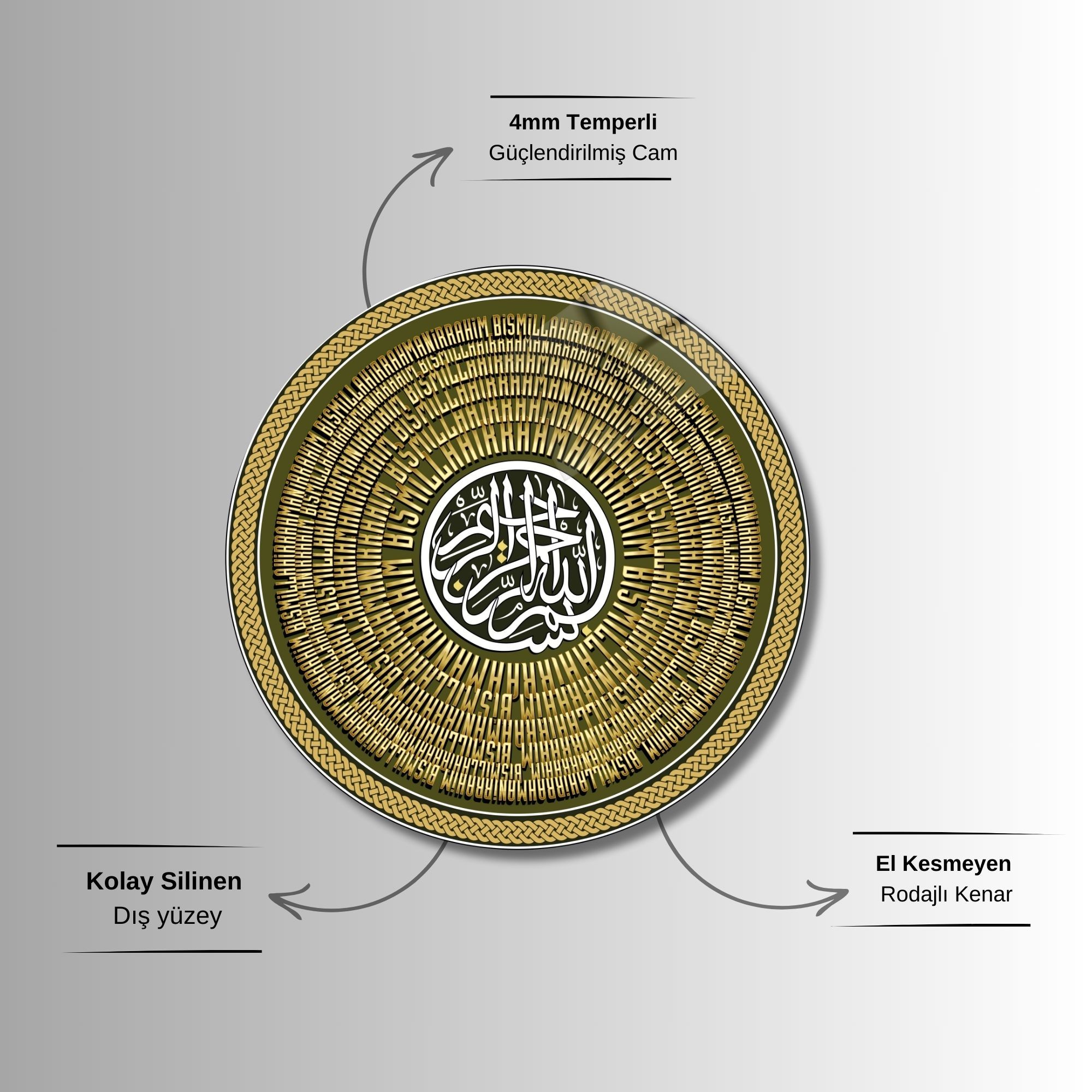 Yuvarlak Temperli Gerçek Cam Dini Tablo Türkçe Besmele Tasarımı