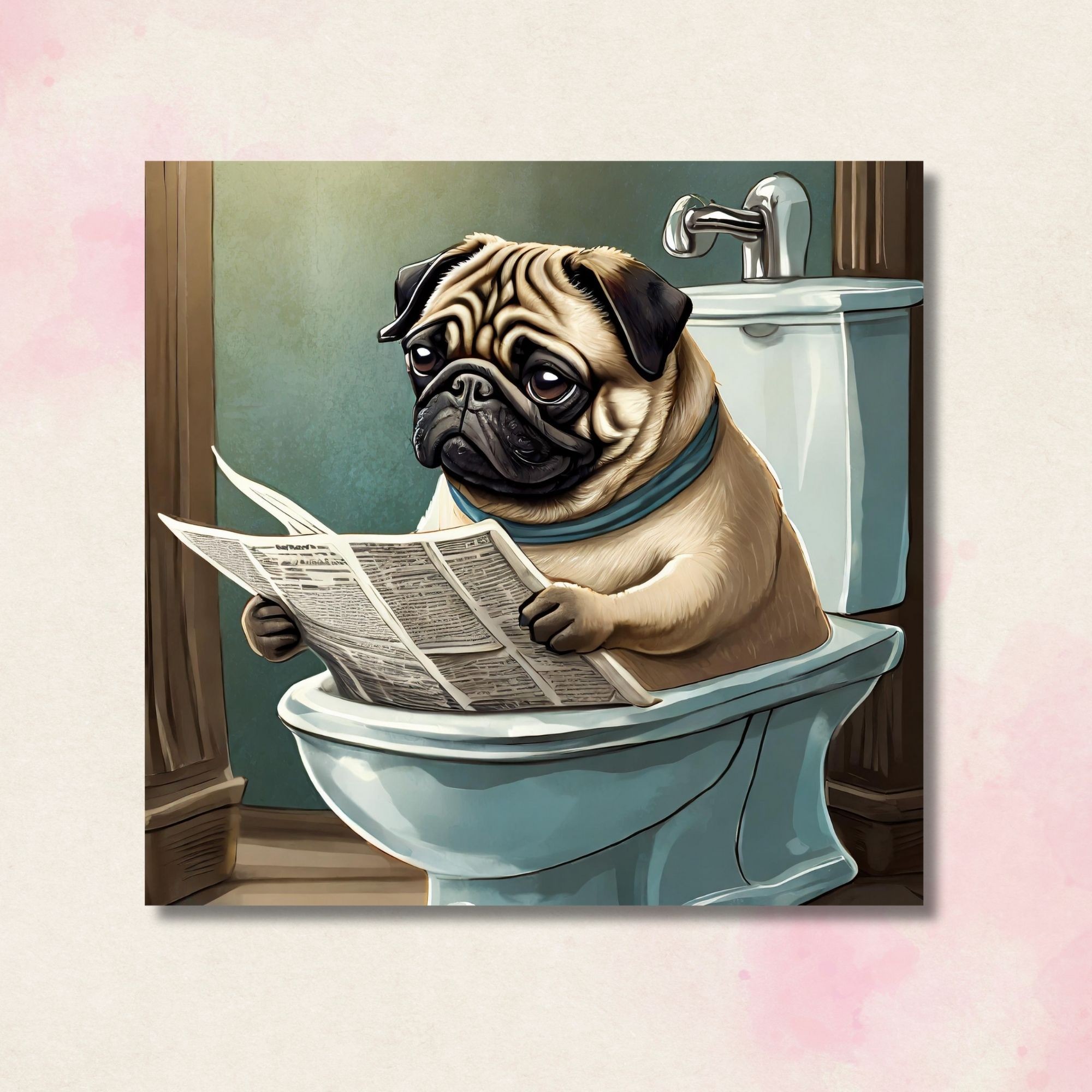 Tekli Kare Kanvas Banyo Tablosu Gazete Okuyan Pug Köpek