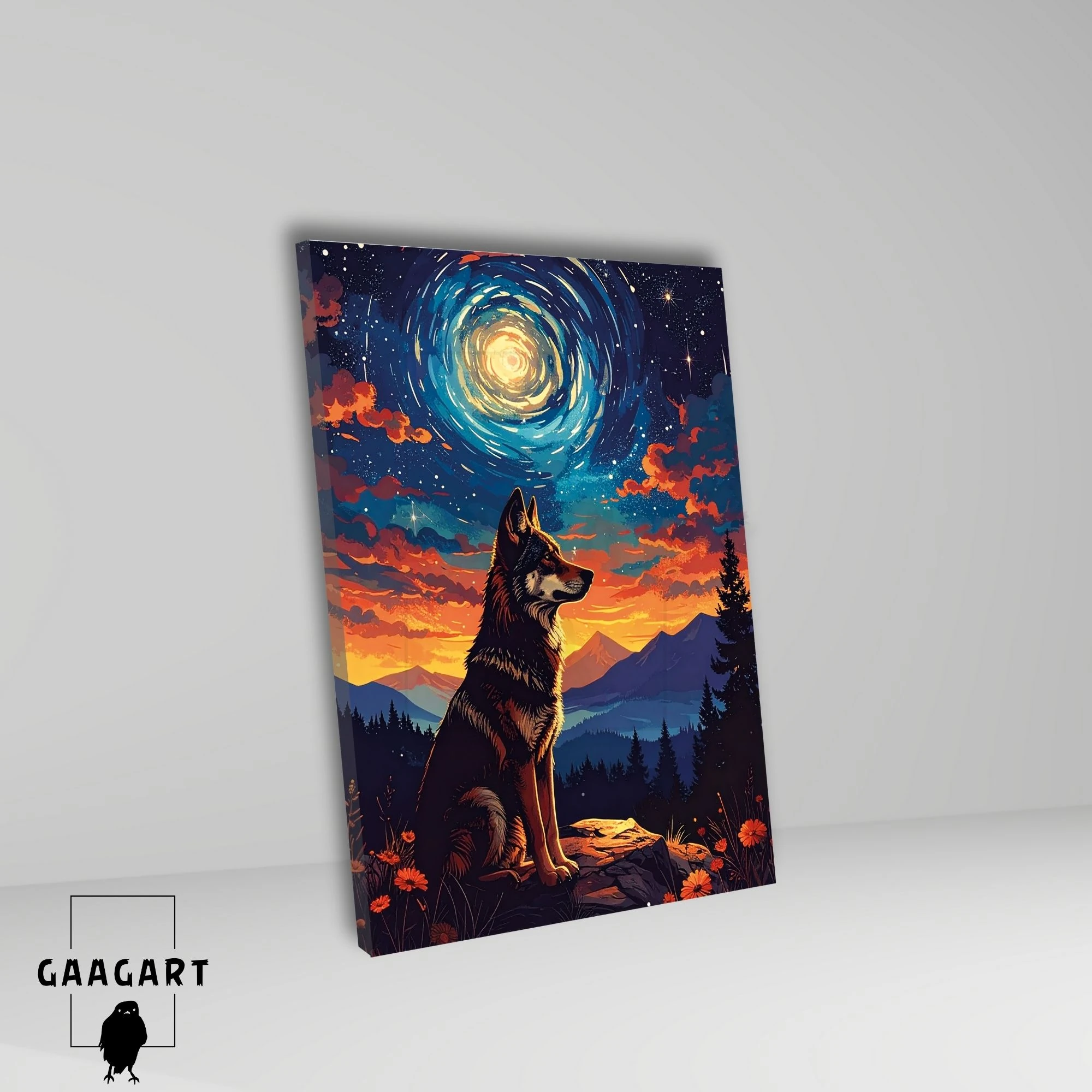 Tekli Dikey Kanvas Tablo Çiçekli Manzara ve Kurt