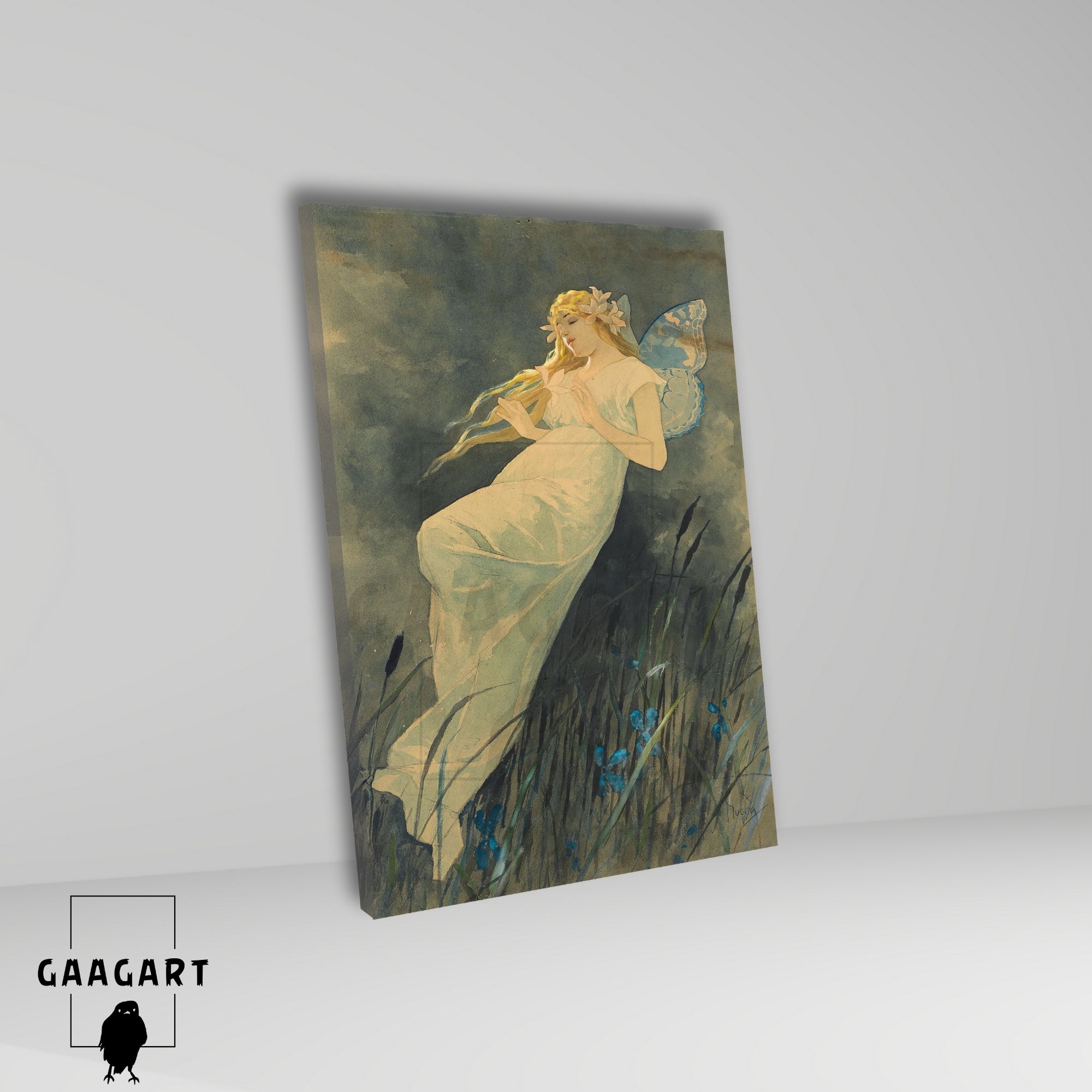 Tekli Dikey Kanvas Alphonse Mucha İris Çiçekleriyle Elf