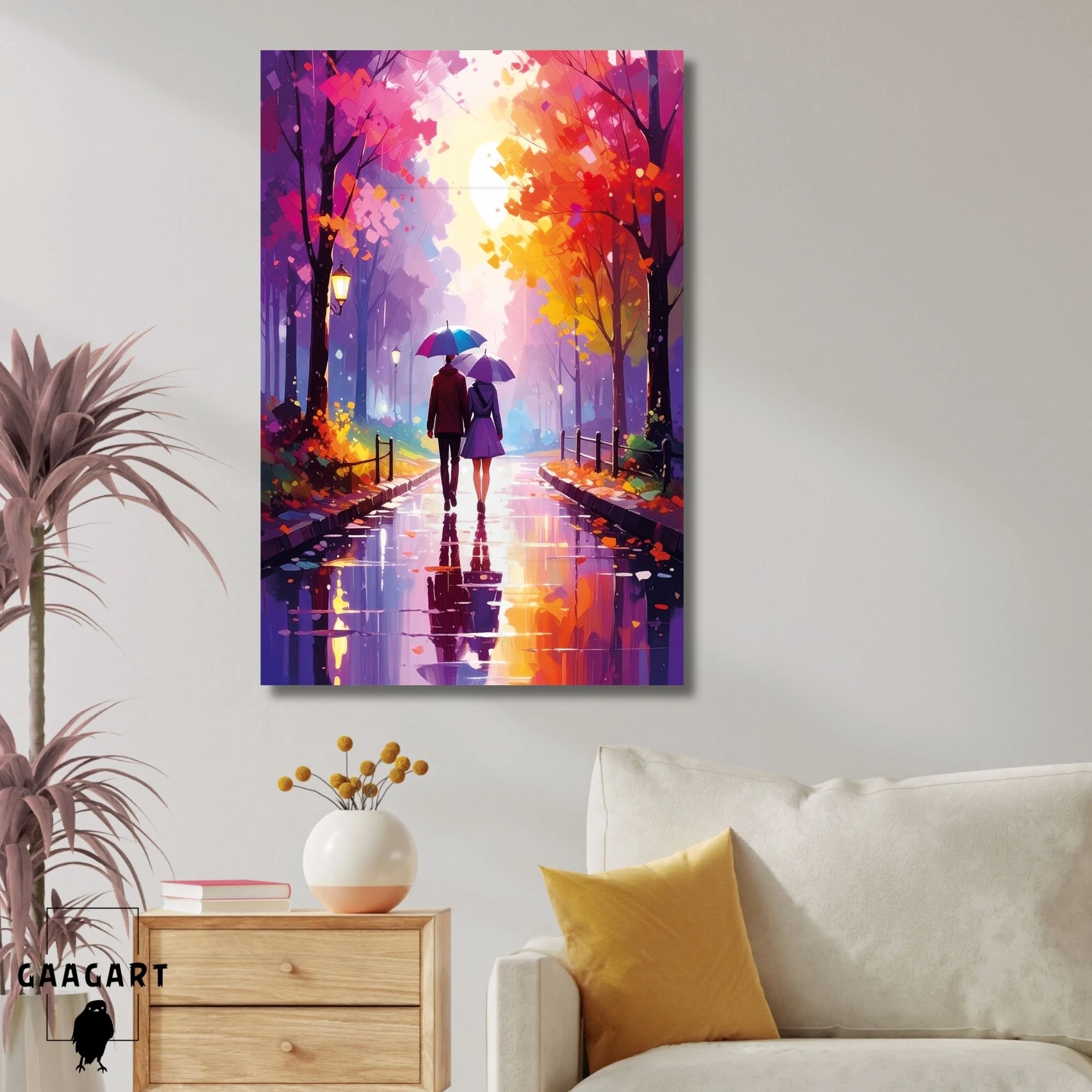 Tekli Dikey Kanvas Tablo Yağmurda Parkta Yürüyen Çift