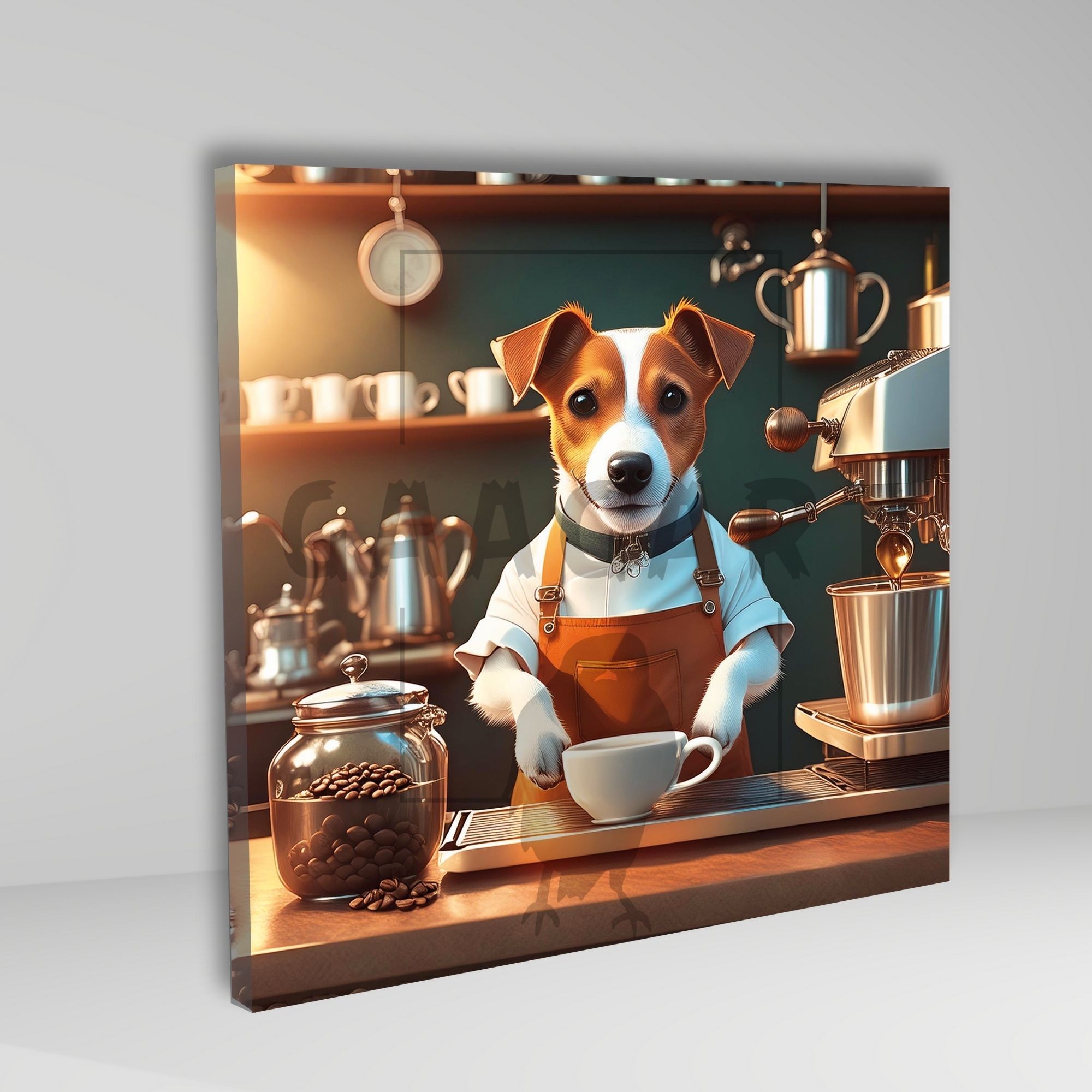 Kare Kanvas Kahve Köşesi Cafe Tablosu Barista Jack Russell