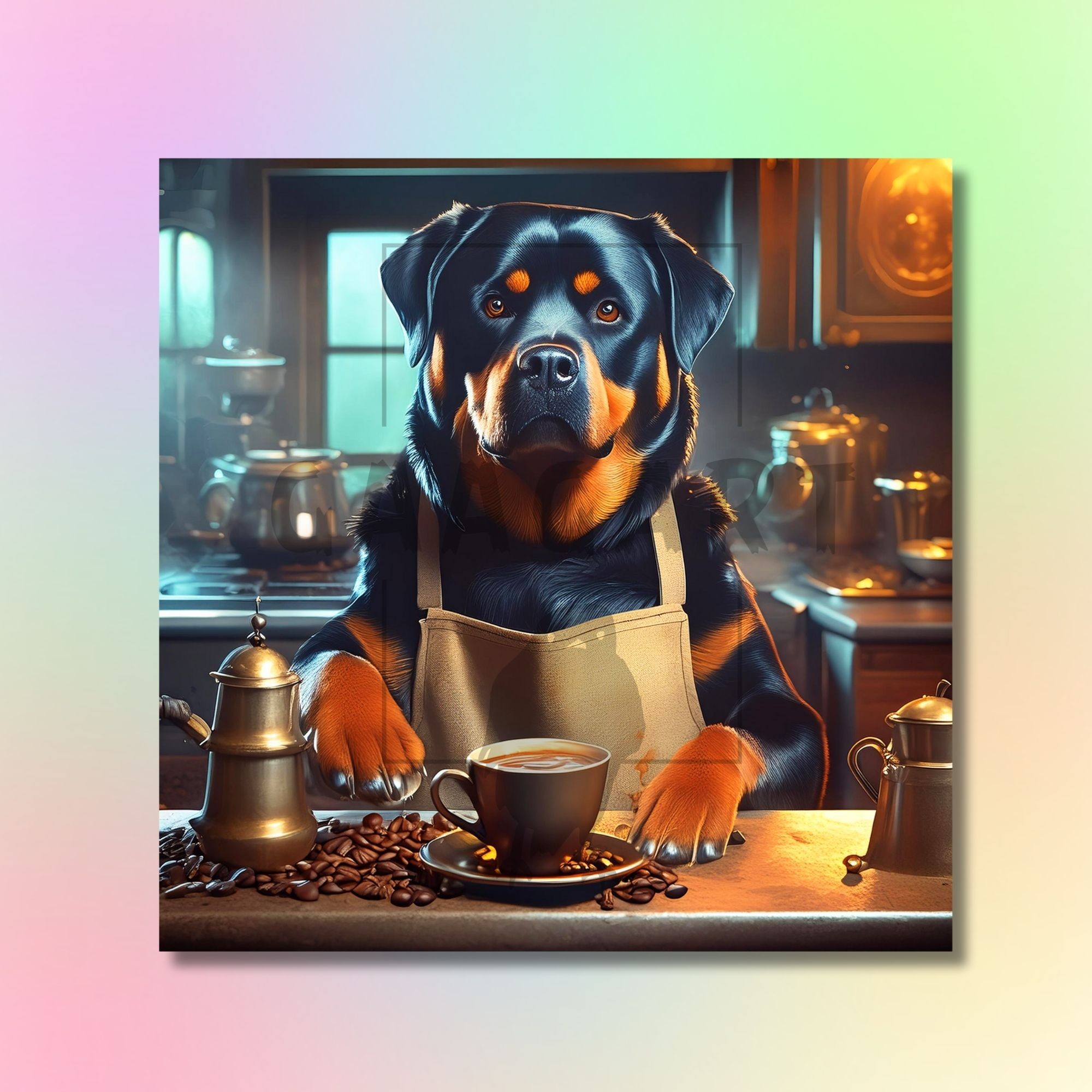 Kare Kanvas Kahve Köşesi Cafe Tablosu Barista Rottweiler Köpek