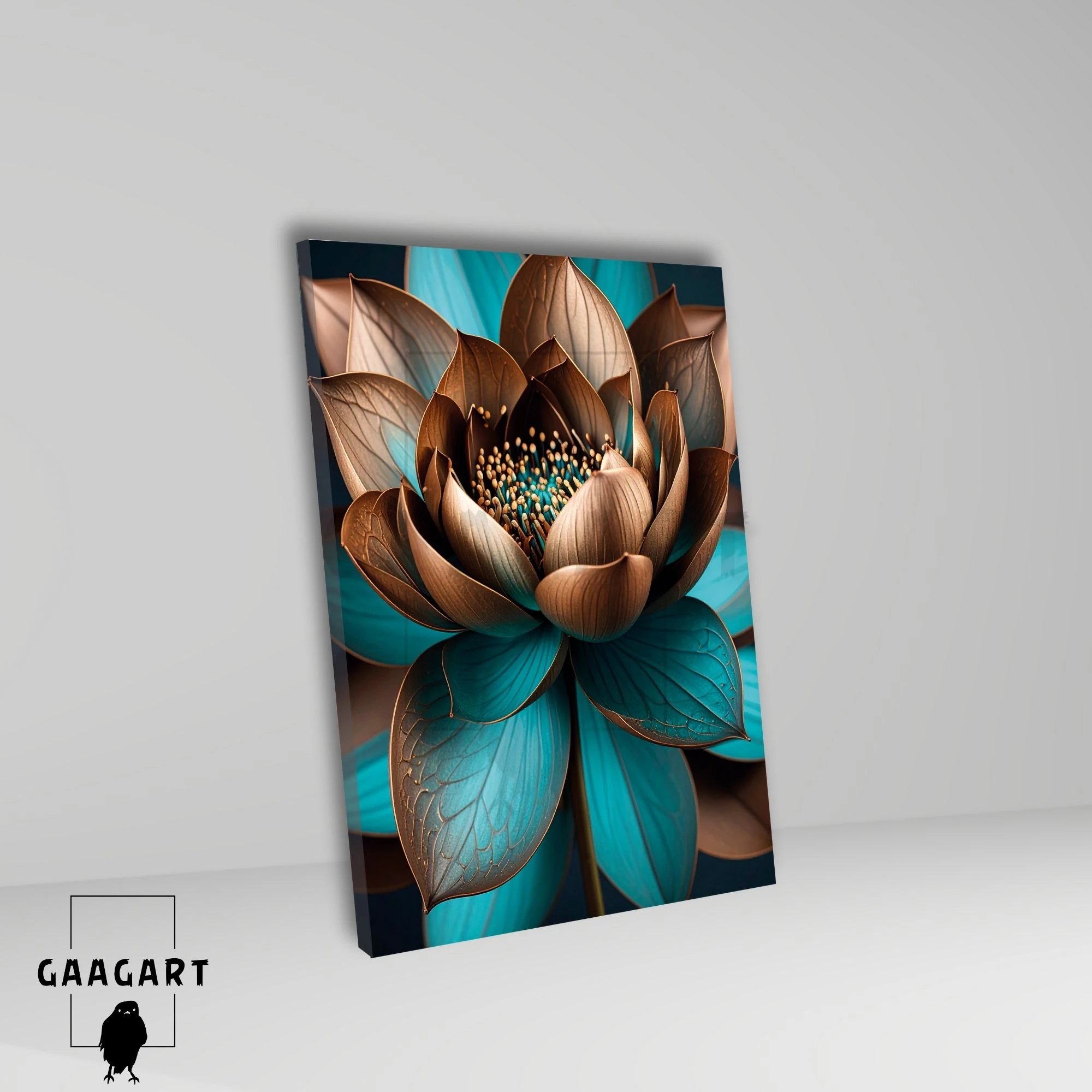 Tekli Dikey Kanvas Tablo Kahverengi Bakır Turkuaz Lotus Çiçeği