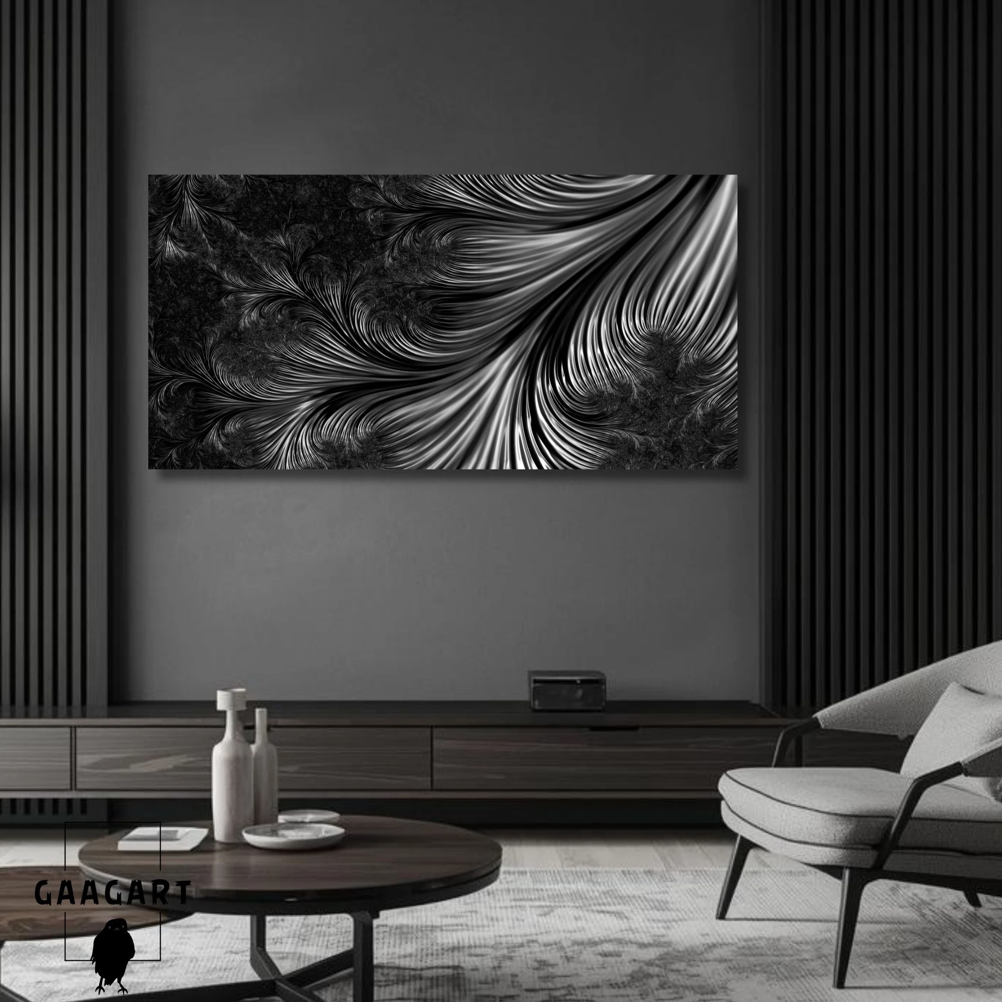 Panoramik Kanvas Kanvas Salon Tablosu Gri Siyah Soyut Tüy Deseni