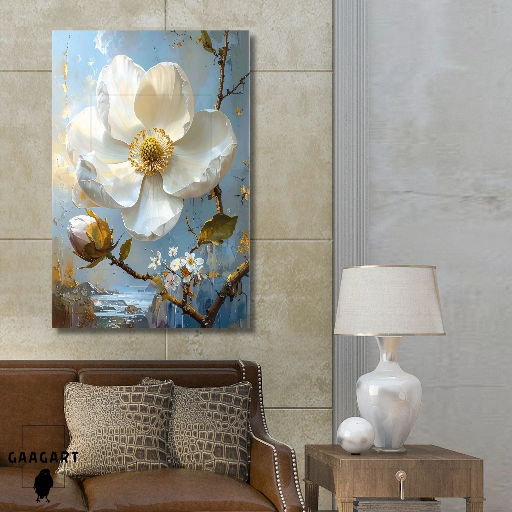 Tekli Dikey Kanvas Tablo Soyut Yağlı Boya Görünümlü Beyaz Çiçek