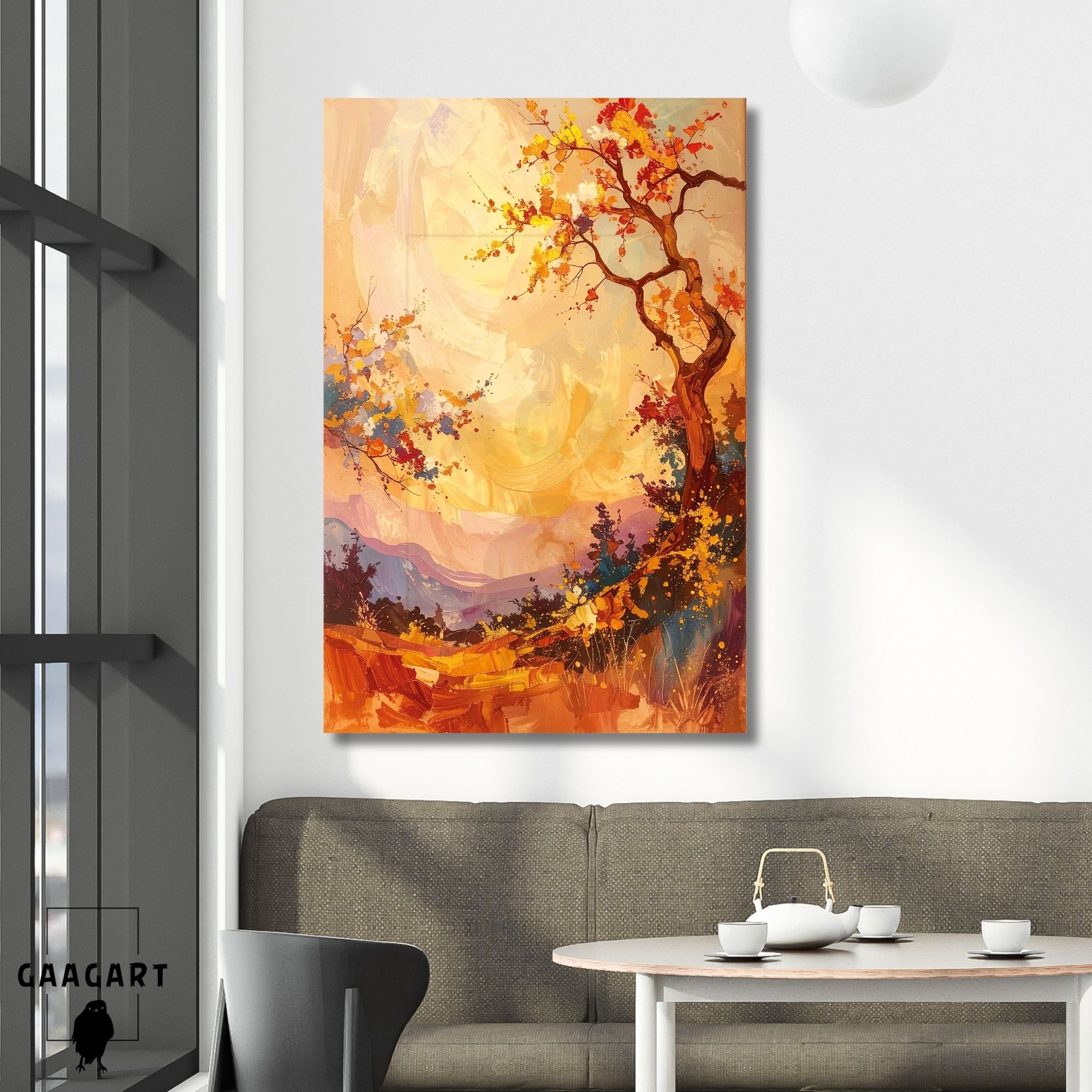 Tekli Dikey Kanvas Tablo Gün Batımı Renklerinde Ağaç Manzara