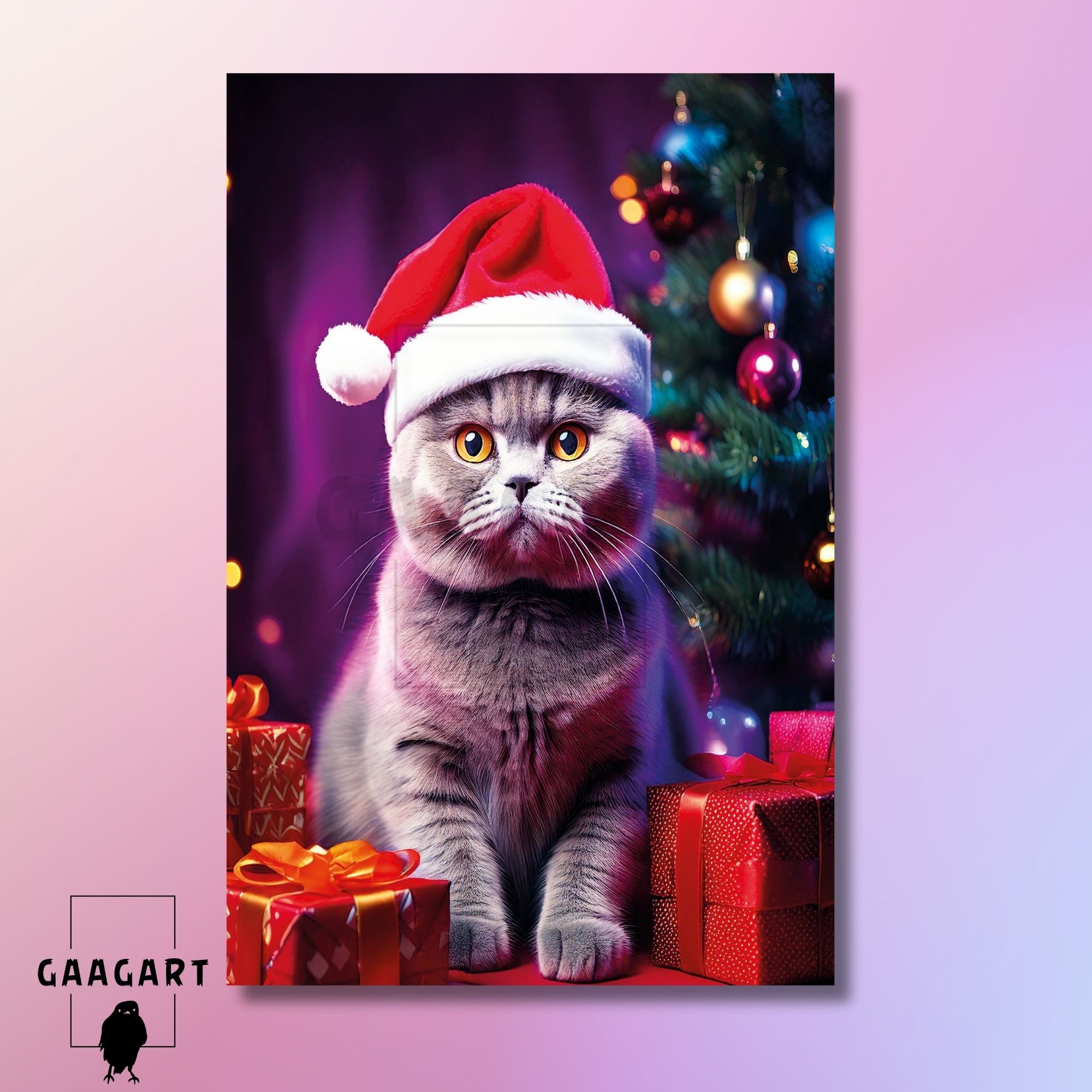 Tekli Dikey Kanvas Duvar Tablosu Yılbaşı Hediyesi Noel Baba Kostümlü British Shorthair