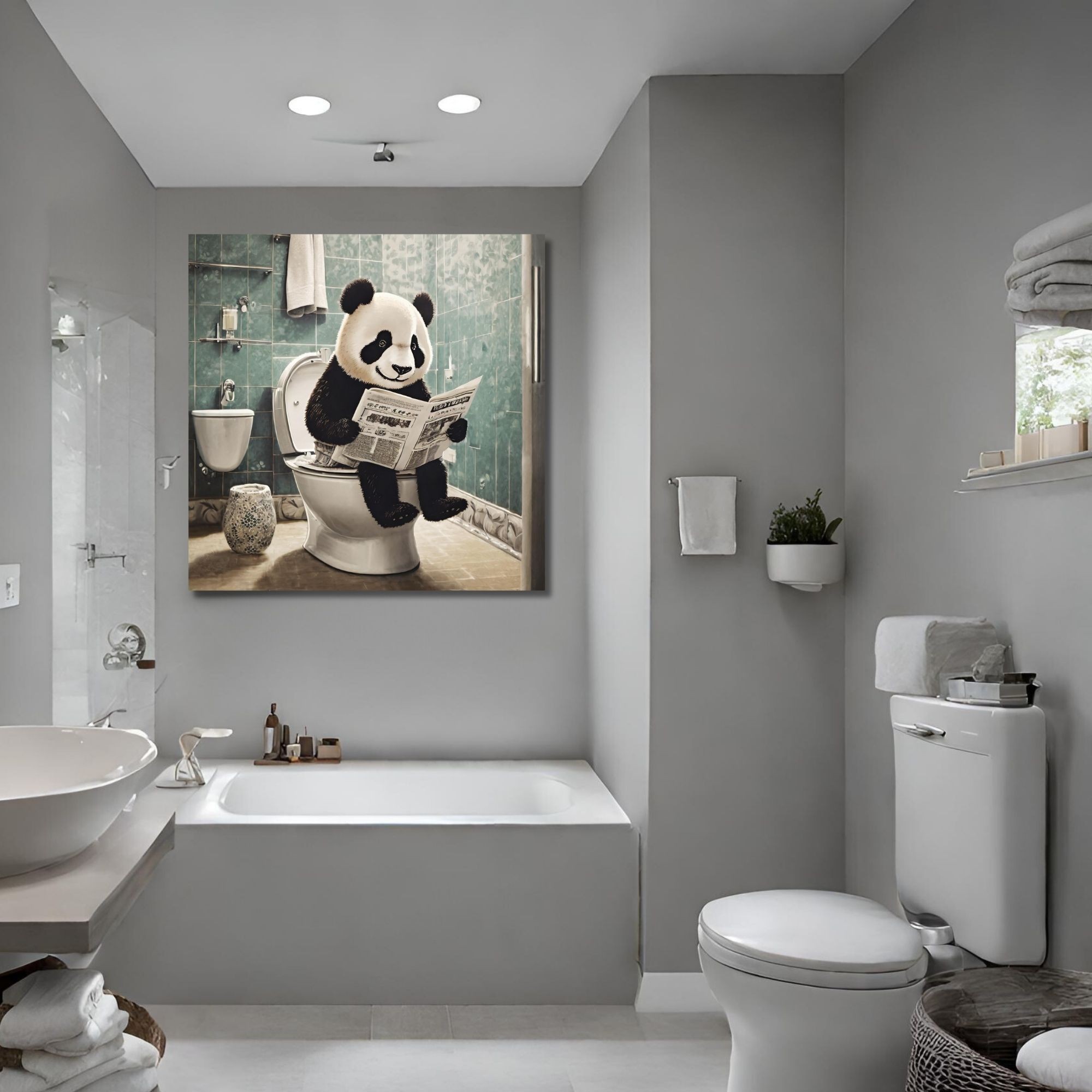 Tekli Kare Kanvas Banyo Tablosu Gazete Okuyan Panda