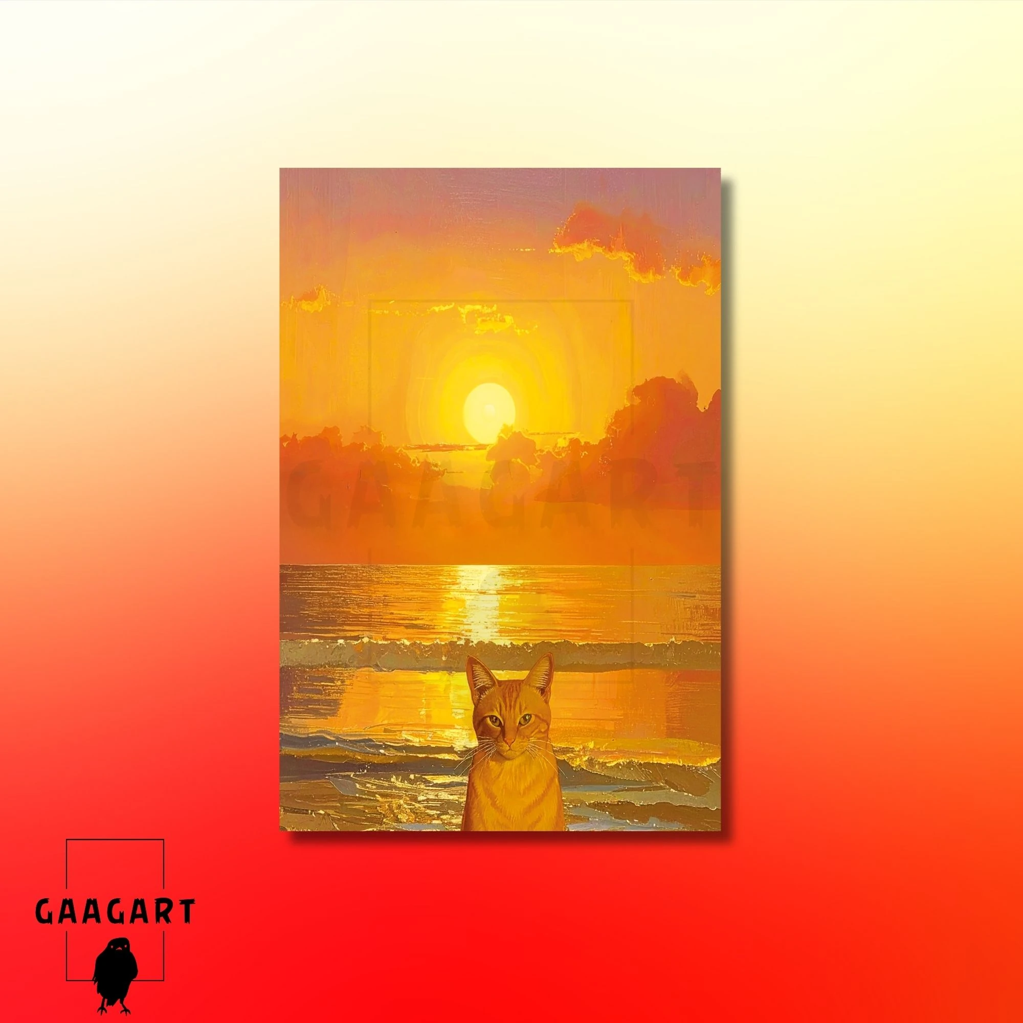 Tekli Dikey Kanvas Tablo Gün Batımı Ve Sarı Kedi Sarman