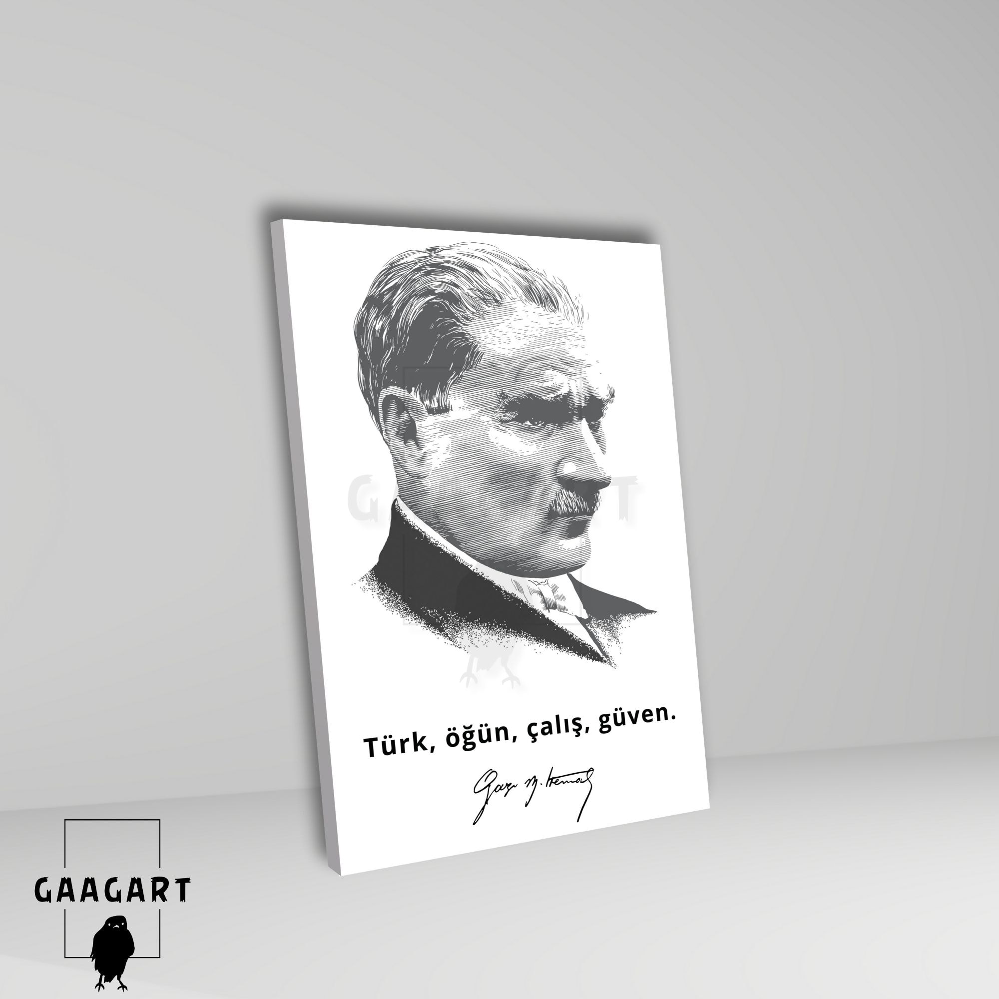 Tekli Dikey Kanvas Makam Panosu Atatürk Sözleri Siyah Beyaz Türk, öğün, çalış, güven.
