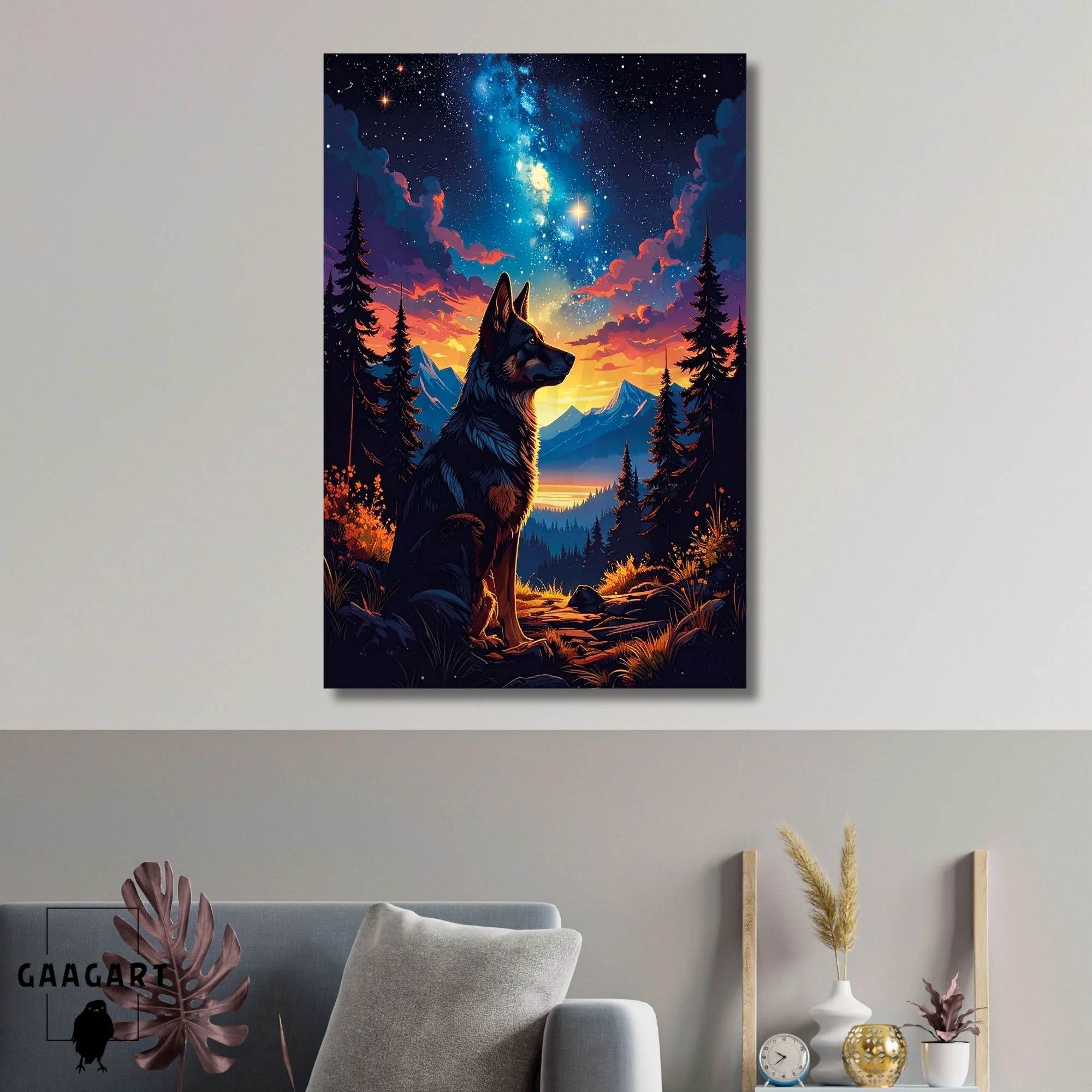 Tekli Dikey Kanvas Tablo Yıldızlar Ve Manzarada Kurt