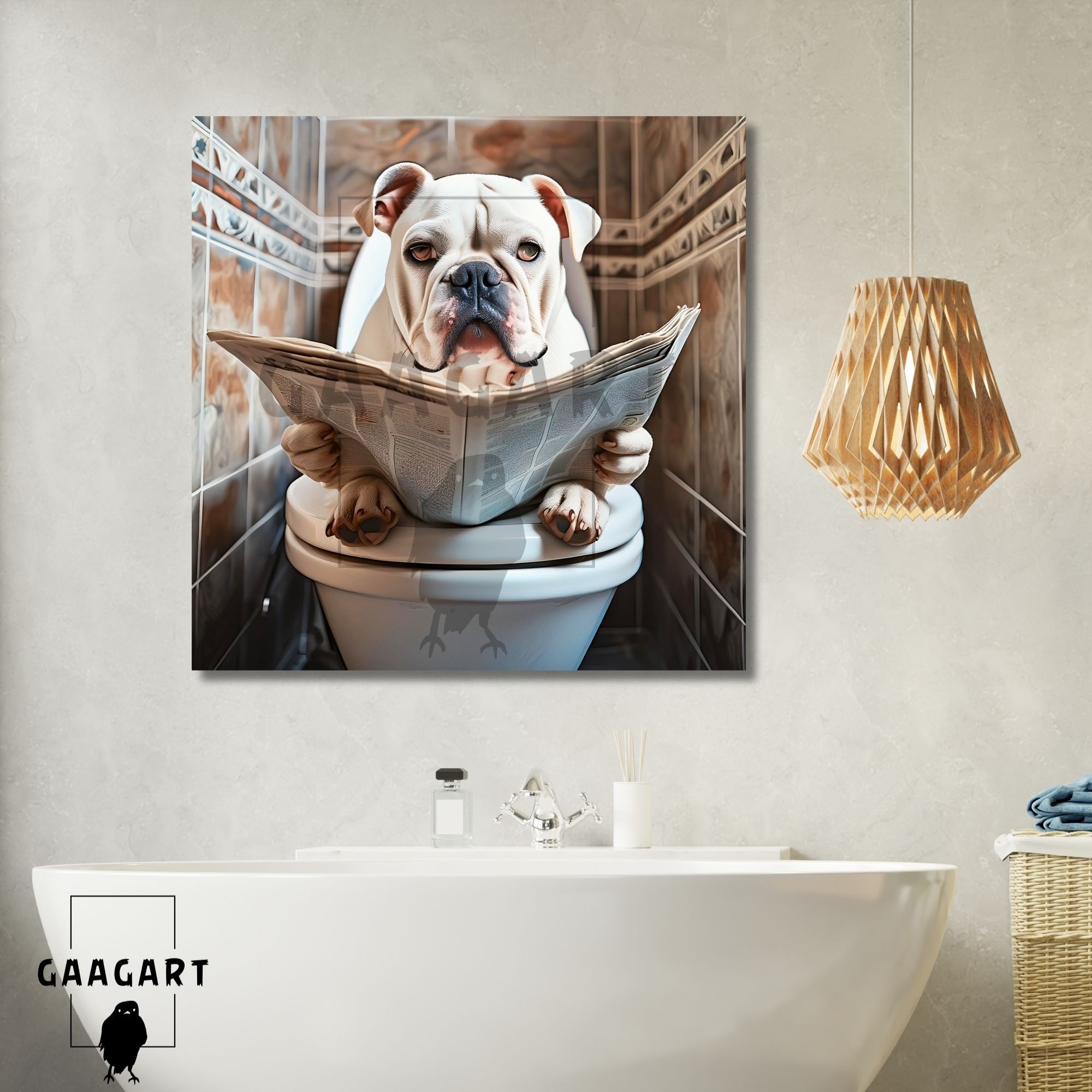 Tekli Kare Kanvas Banyo Tablosu Gazete Okuyan Beyaz Bulldog