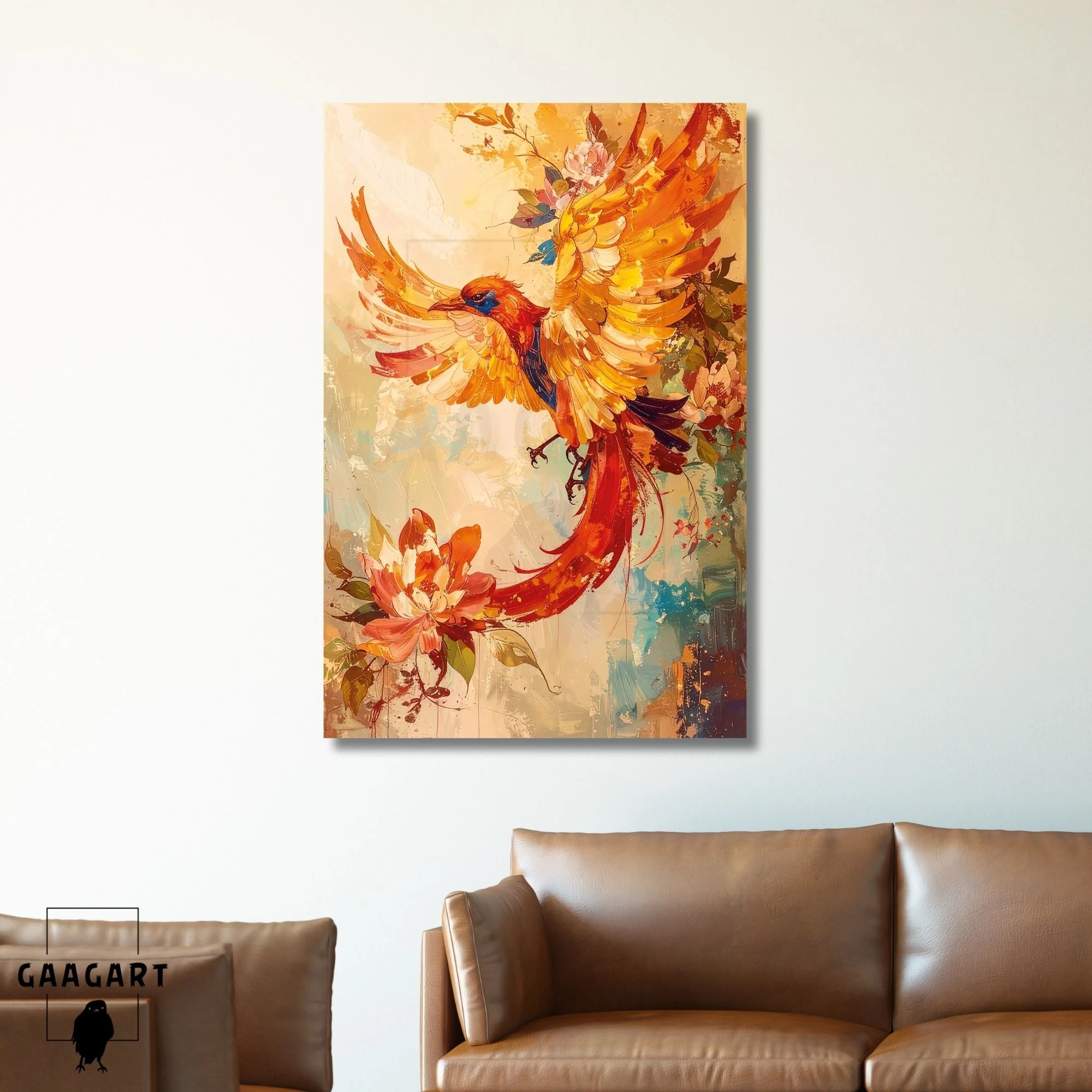 Tekli Dikey Kanvas Tablo Sanatsal Yağlı Boya Görünümlü Anka Kuşu