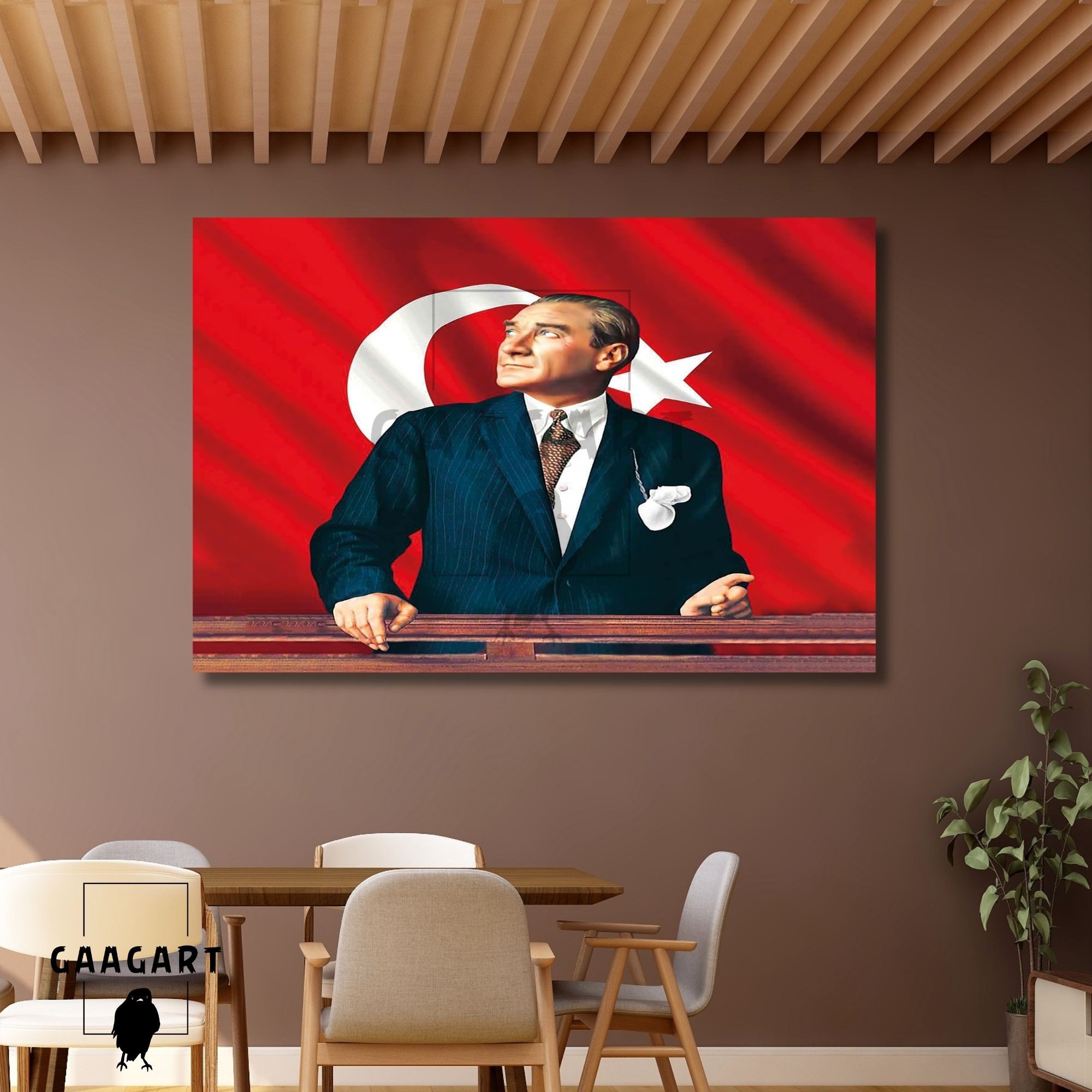 Tekli Yatay Kanvas Duvar Tablosu Türk Bayrağı ve Göğe Bakan Atatürk