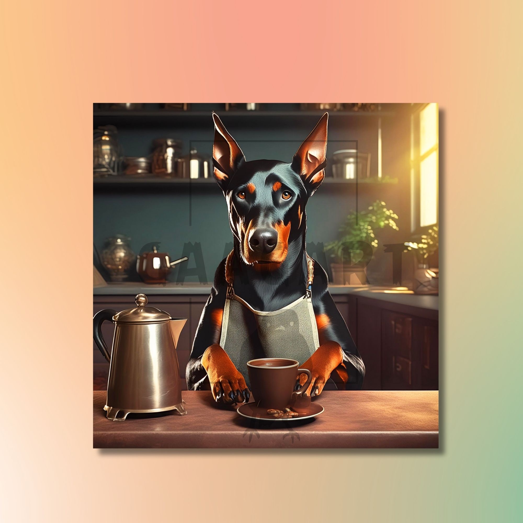 Kare Kanvas Kahve Köşesi Cafe Tablosu Barista Doberman Köpek