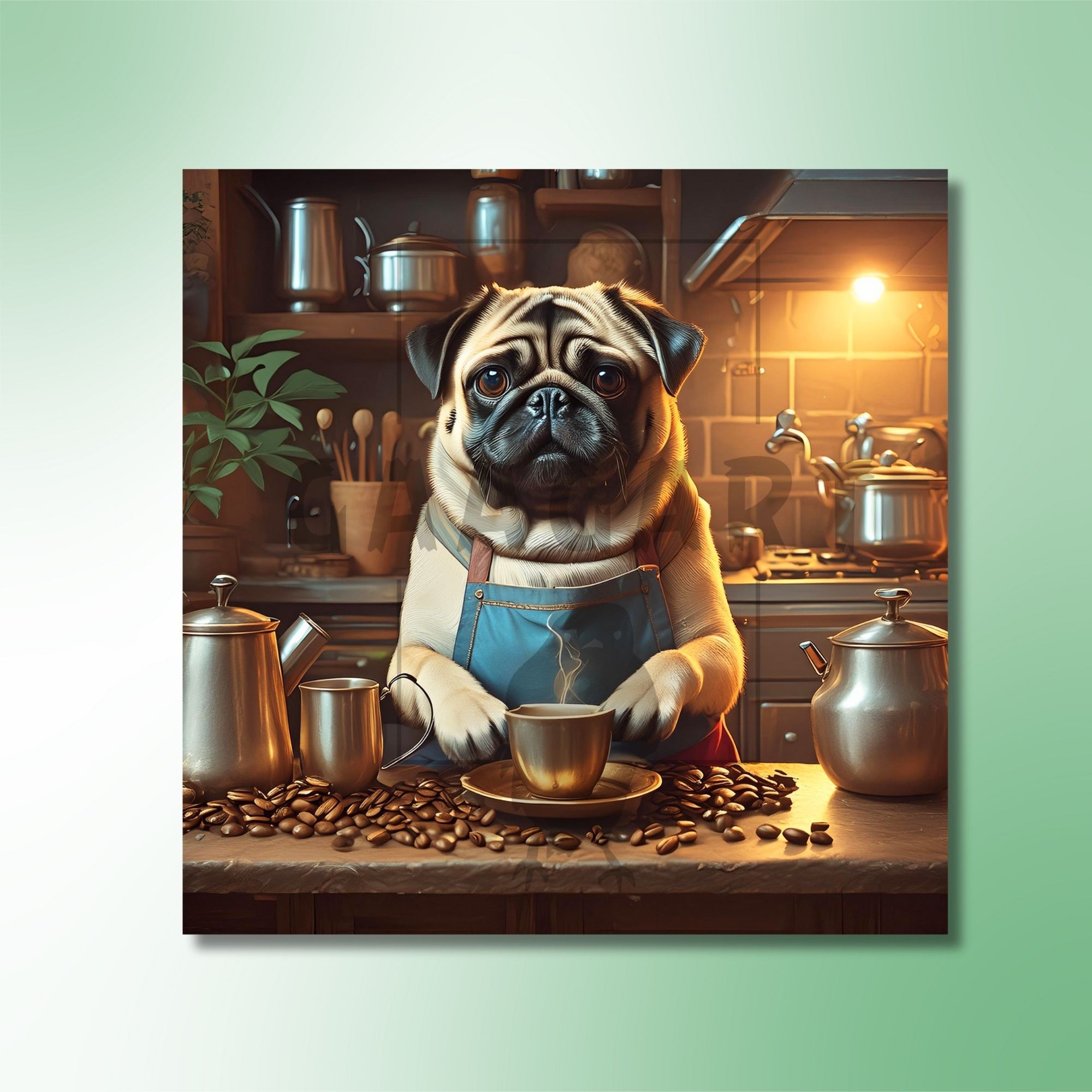 Kare Kanvas Kahve Köşesi Cafe Tablosu Barista Pug Köpek