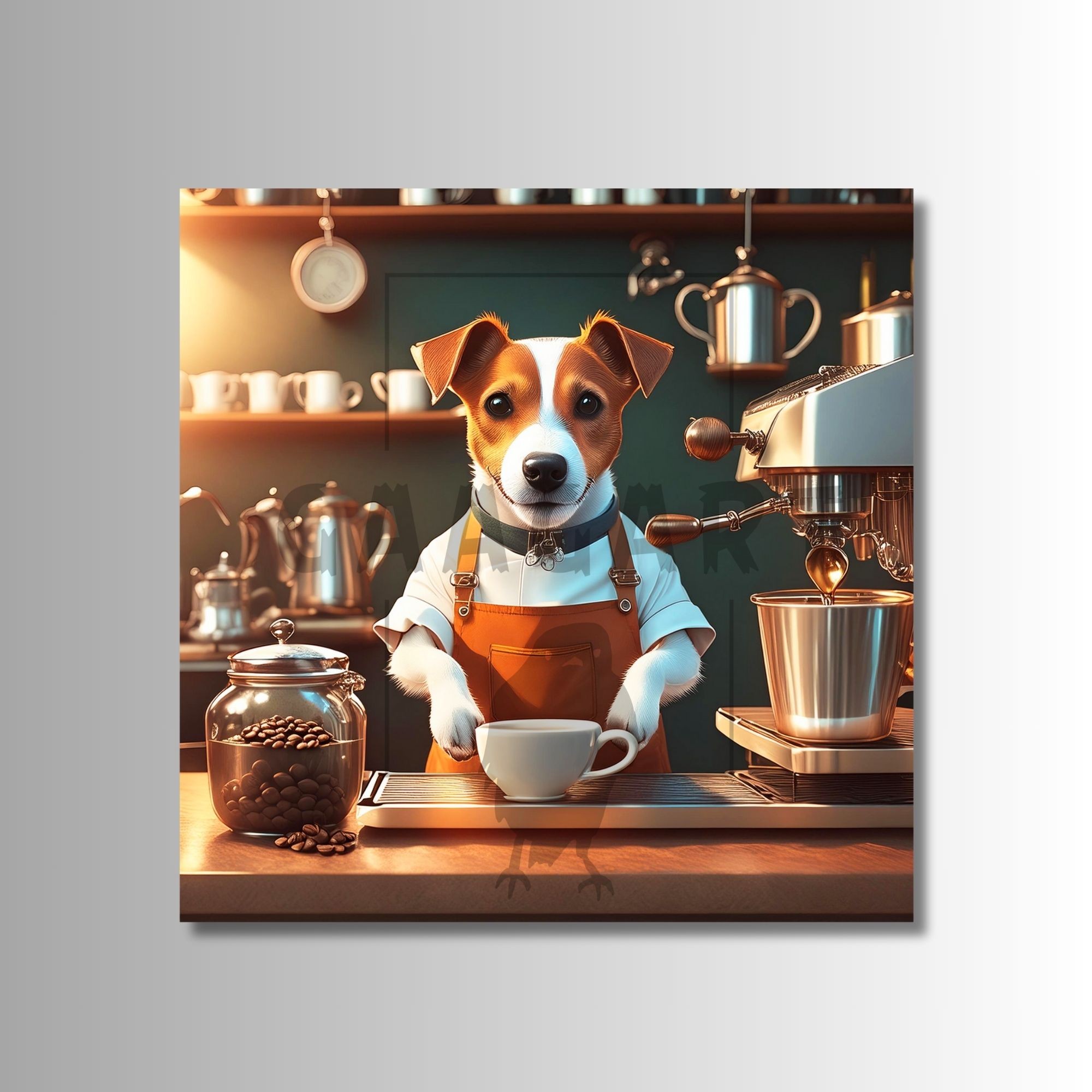 Kare Kanvas Kahve Köşesi Cafe Tablosu Barista Jack Russell