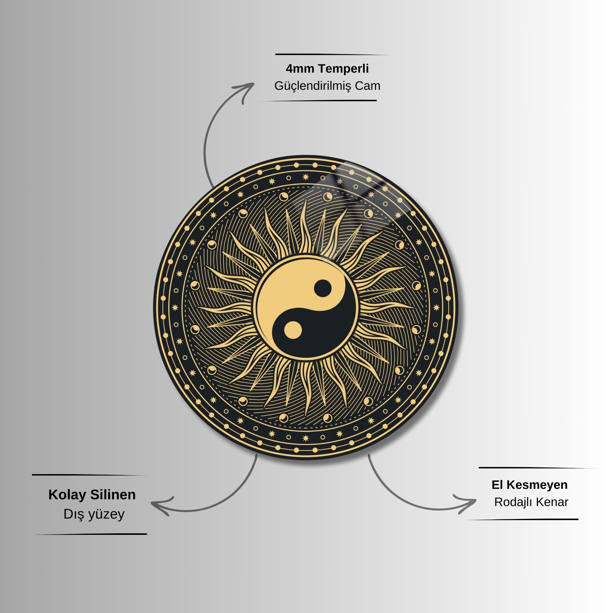 Yuvarlak Temperli Gerçek Cam Tablo Yin Yang Güneş Tasarımı