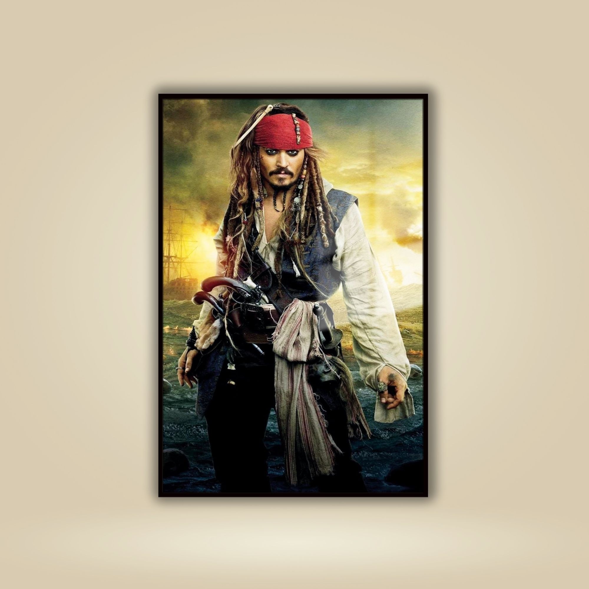 Metal Çerçeveli Cam Tablo Karayip Korsanları Jack Sparrow