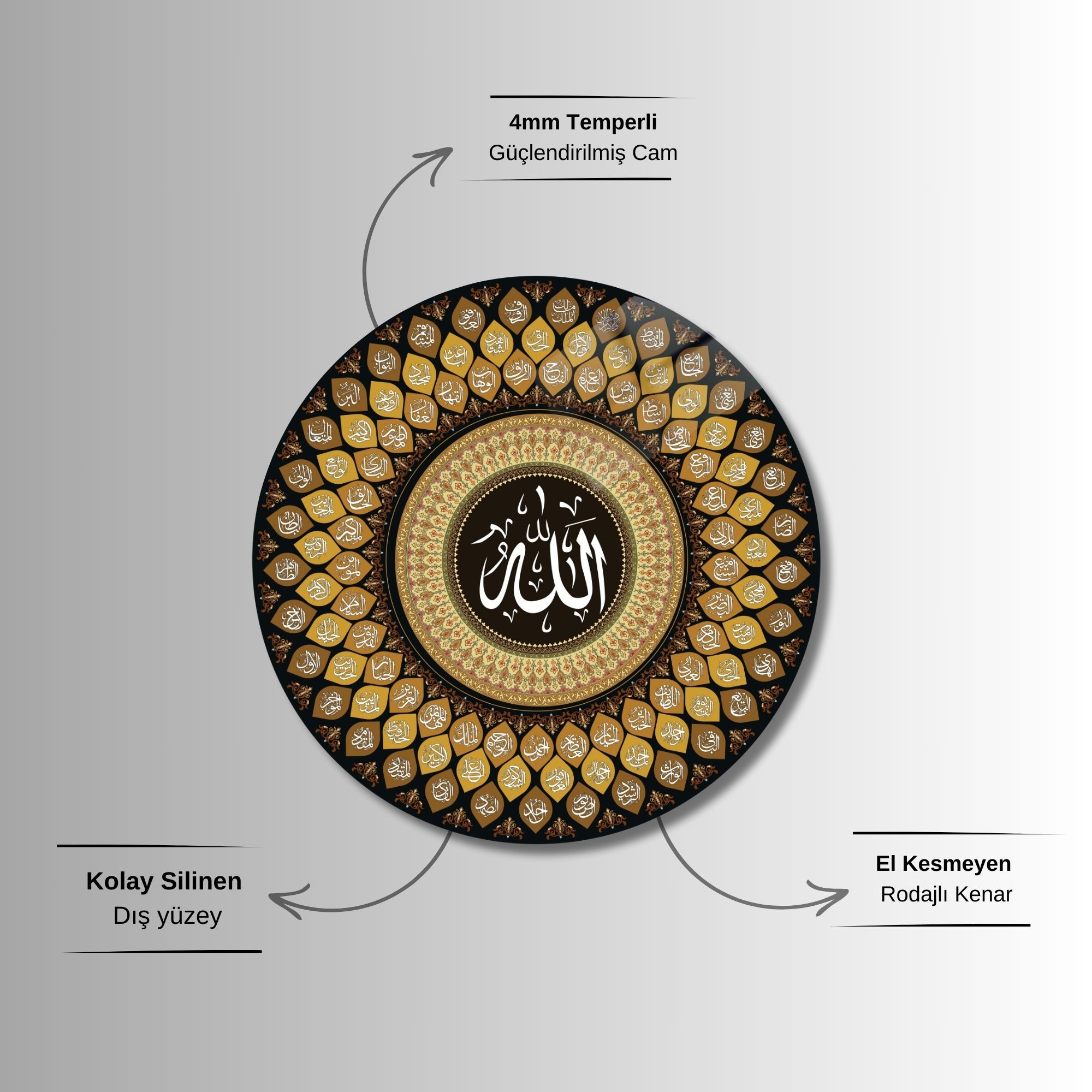 Yuvarlak Temperli Gerçek Cam Dini Tablo Şık Esmâü'l Hüsna Tasarım
