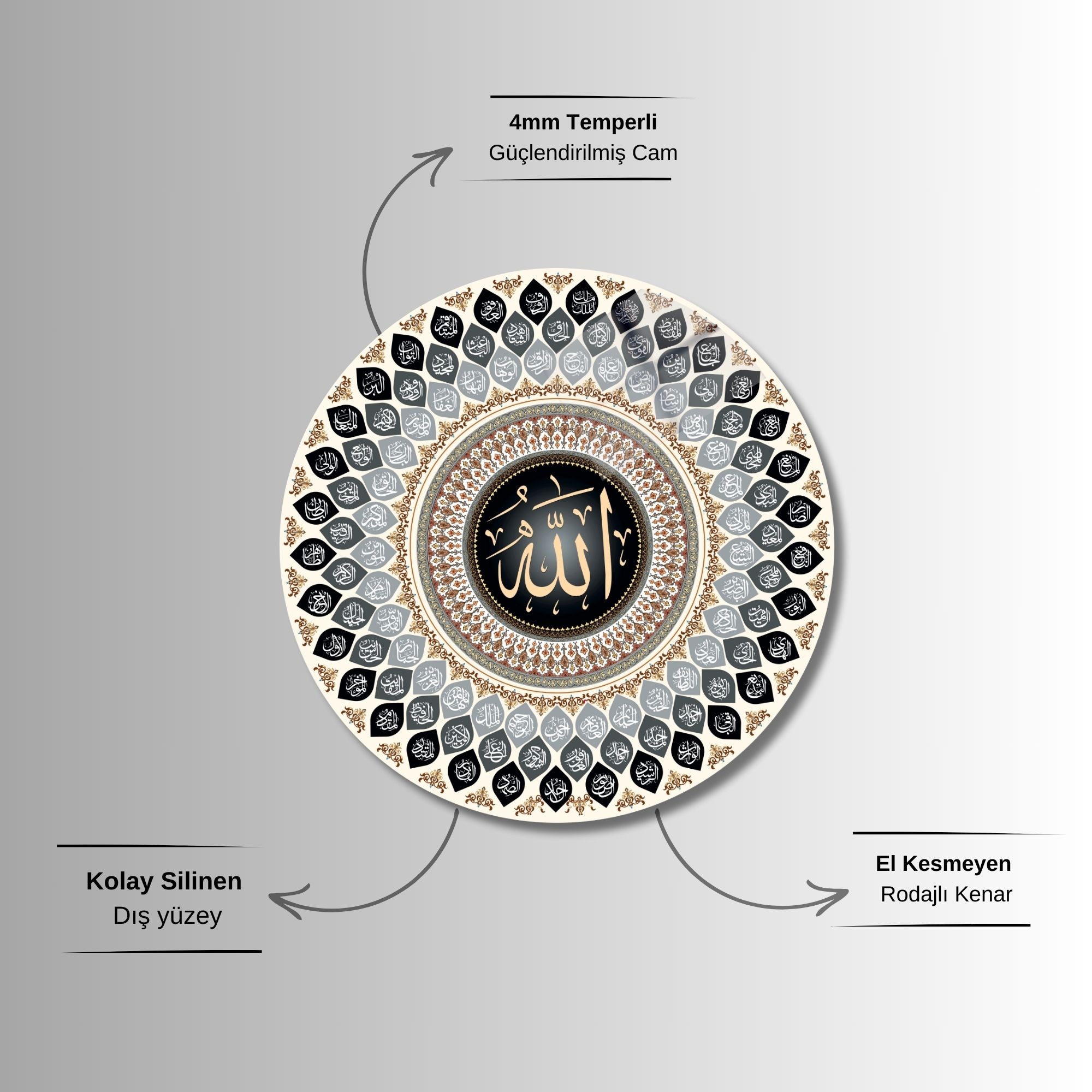 Yuvarlak Temperli Gerçek Cam Dini Tablo Esmâü'l Hüsna Tasarımı