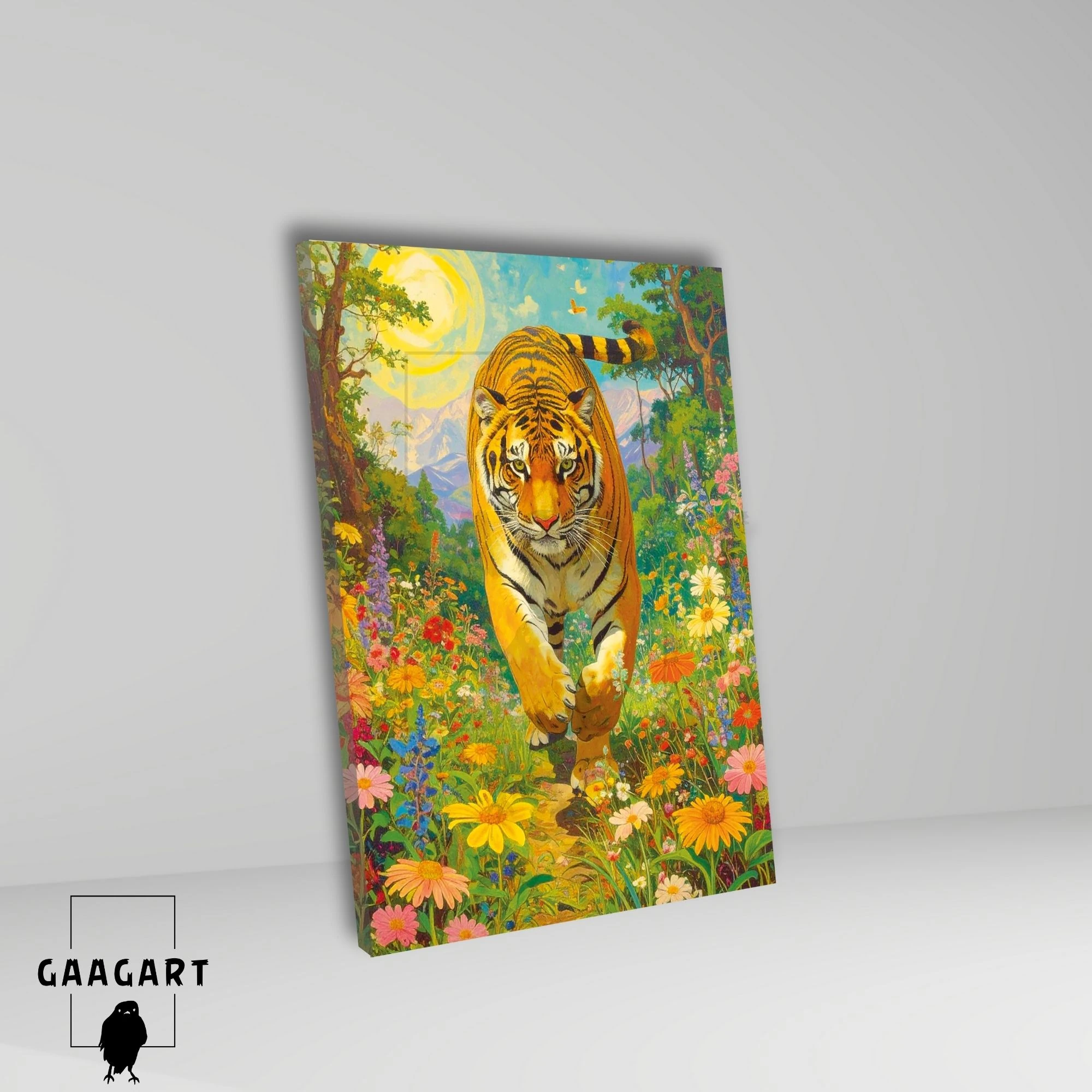 Tekli Dikey Kanvas Tablo Çiçekli Renkli Yürüyen Leopar