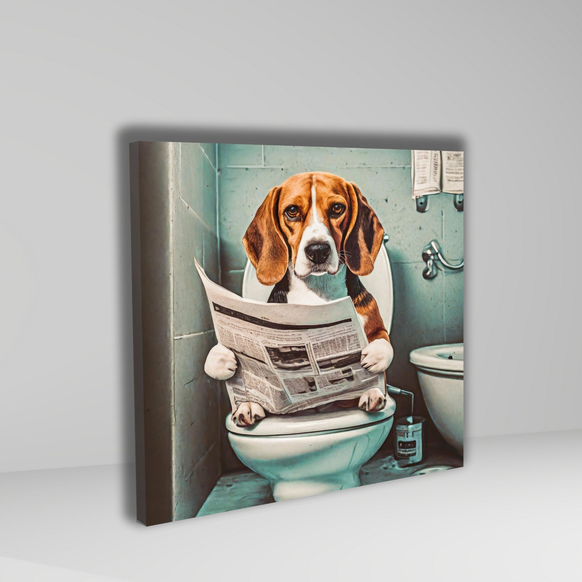 Tekli Kare Kanvas Banyo Tablosu Gazete Okuyan Beagle Köpek