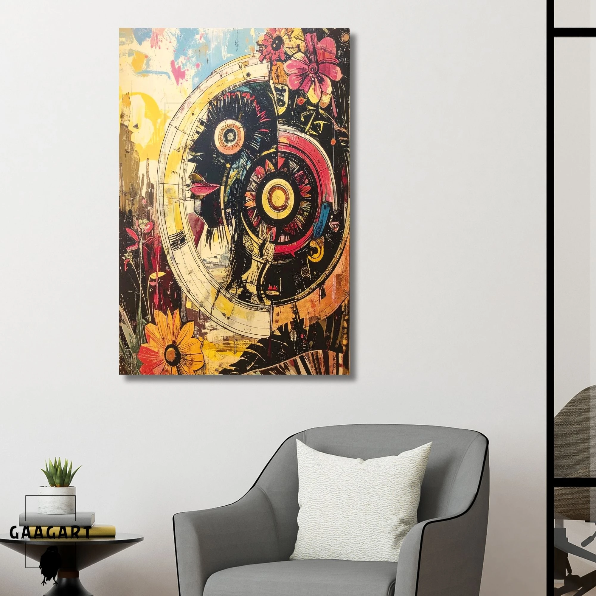 Tekli Dikey Kanvas Tablo Soyut Sanatsal Kadın Ve Çiçekler