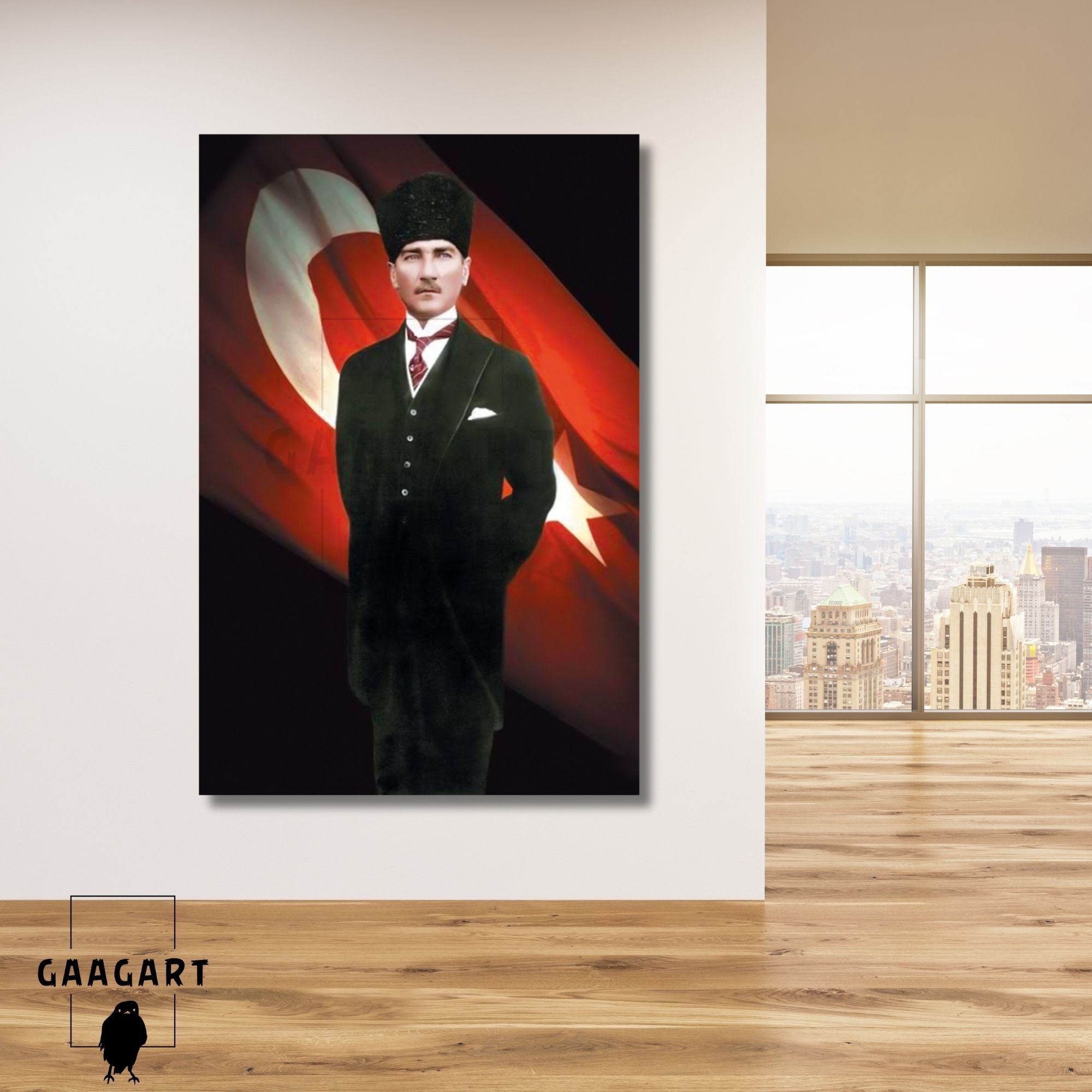 Tekli Dikey Kanvas Duvar Tablosu Türk Bayrağı ve Atatürk