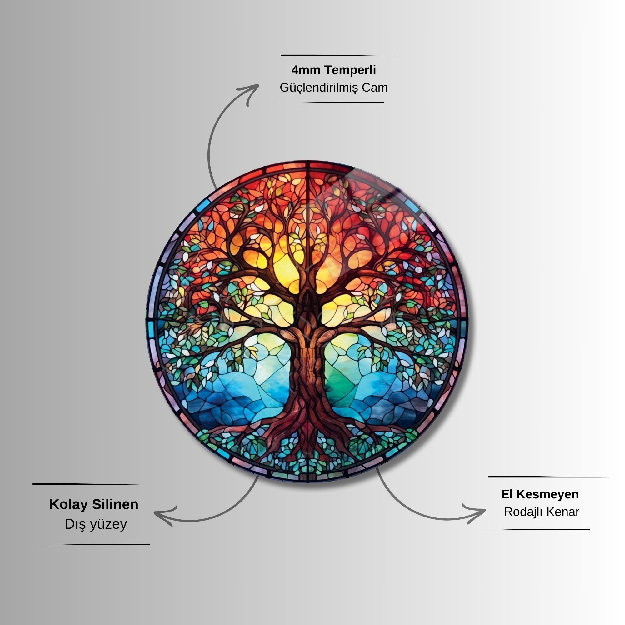 Yuvarlak Temperli Gerçek Cam Tablo Hayat Ağacı Görselli Vitray
