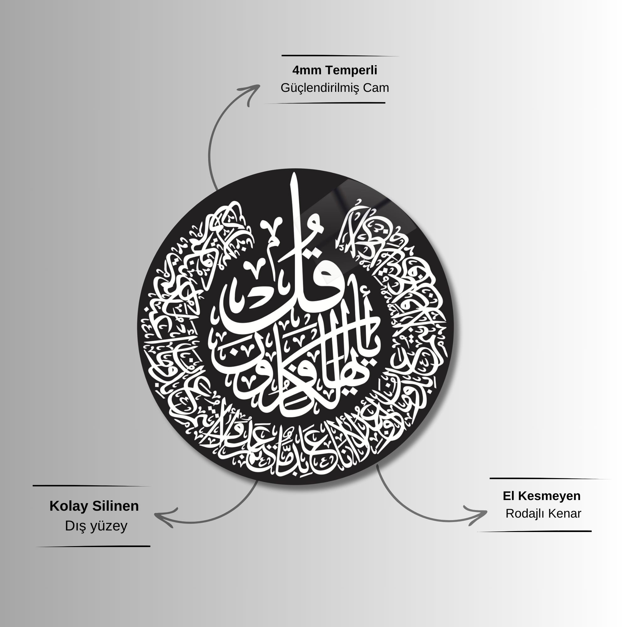 Yuvarlak Temperli Gerçek Cam Dini Tablo Siyah Beyaz Dua Tasarımı