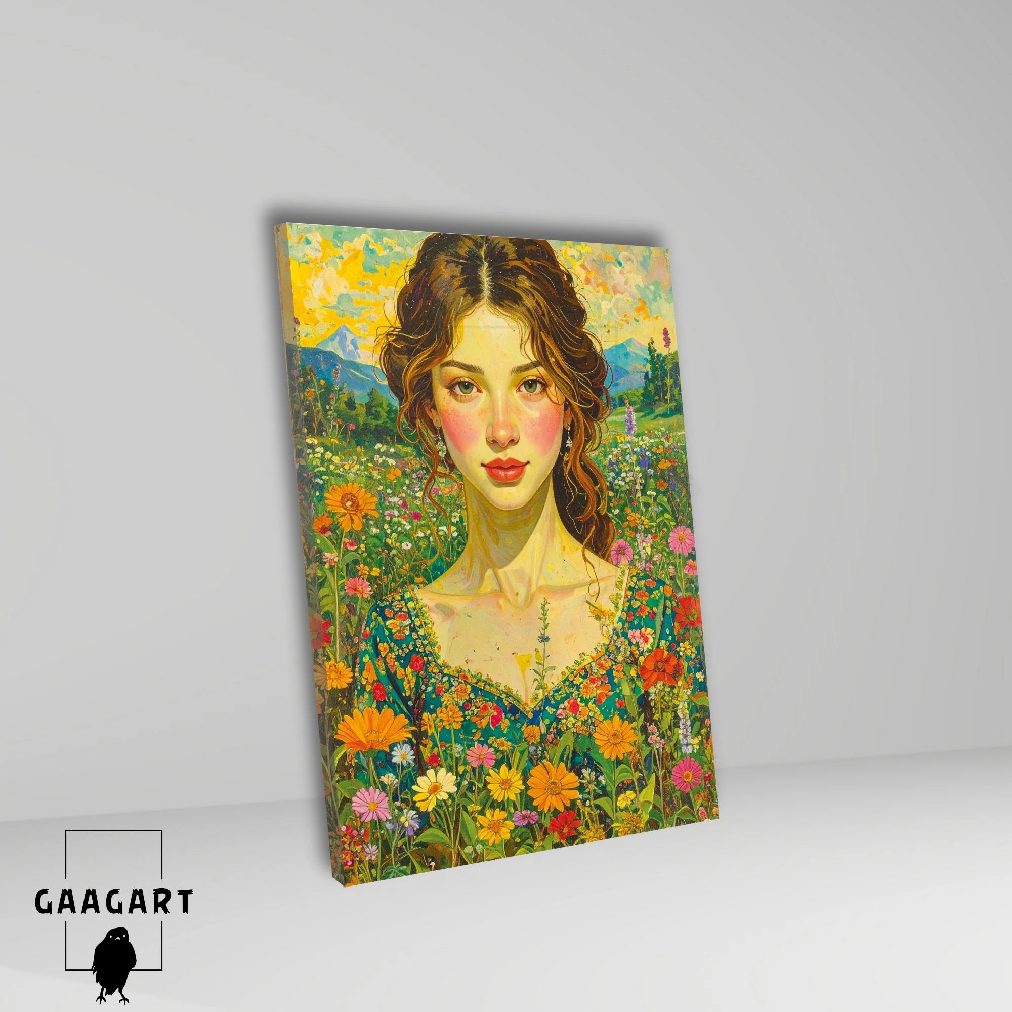 Tekli Dikey Kanvas Tablo Çiçekli Bahçe ve Masum Kız