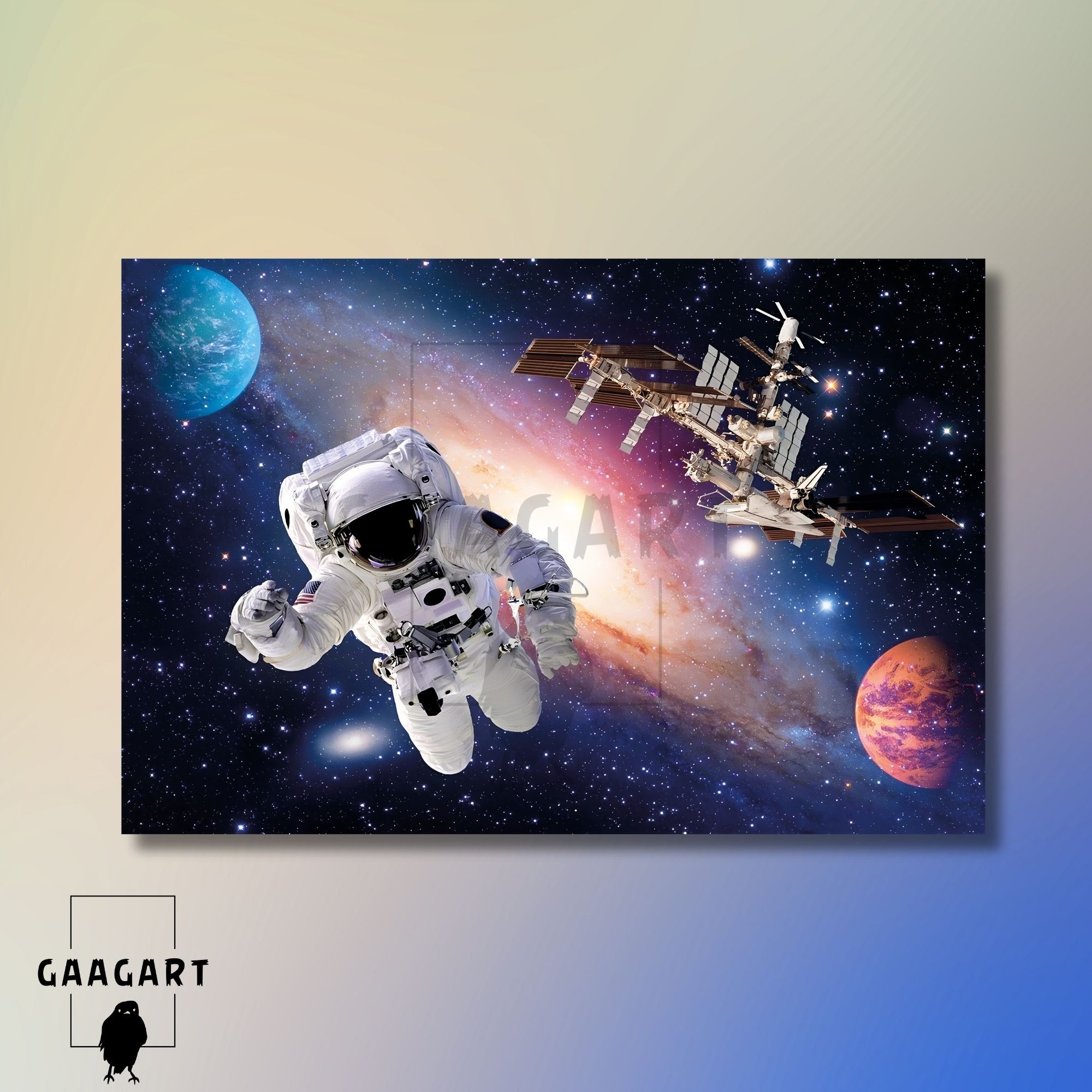 Tekli Yatay Kanvas Duvar Tablosu Uzay Astronot ve Uydu