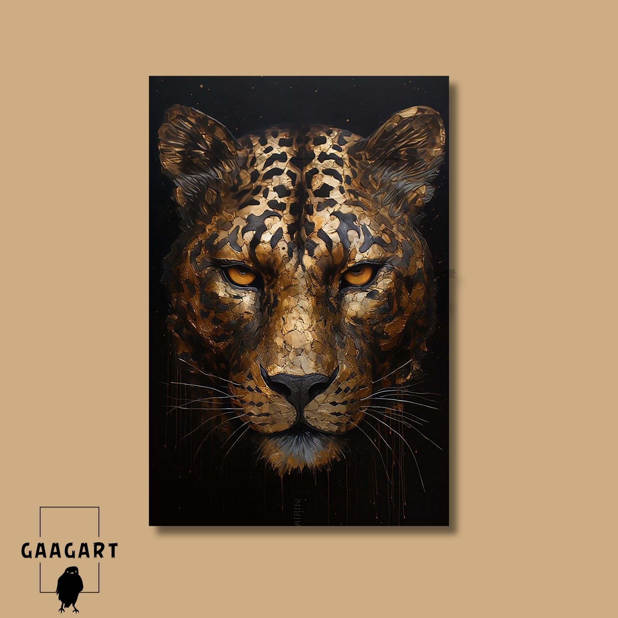 Tekli Dikey Kanvas Duvar Tablosu Şık Gold Siyah Leopar