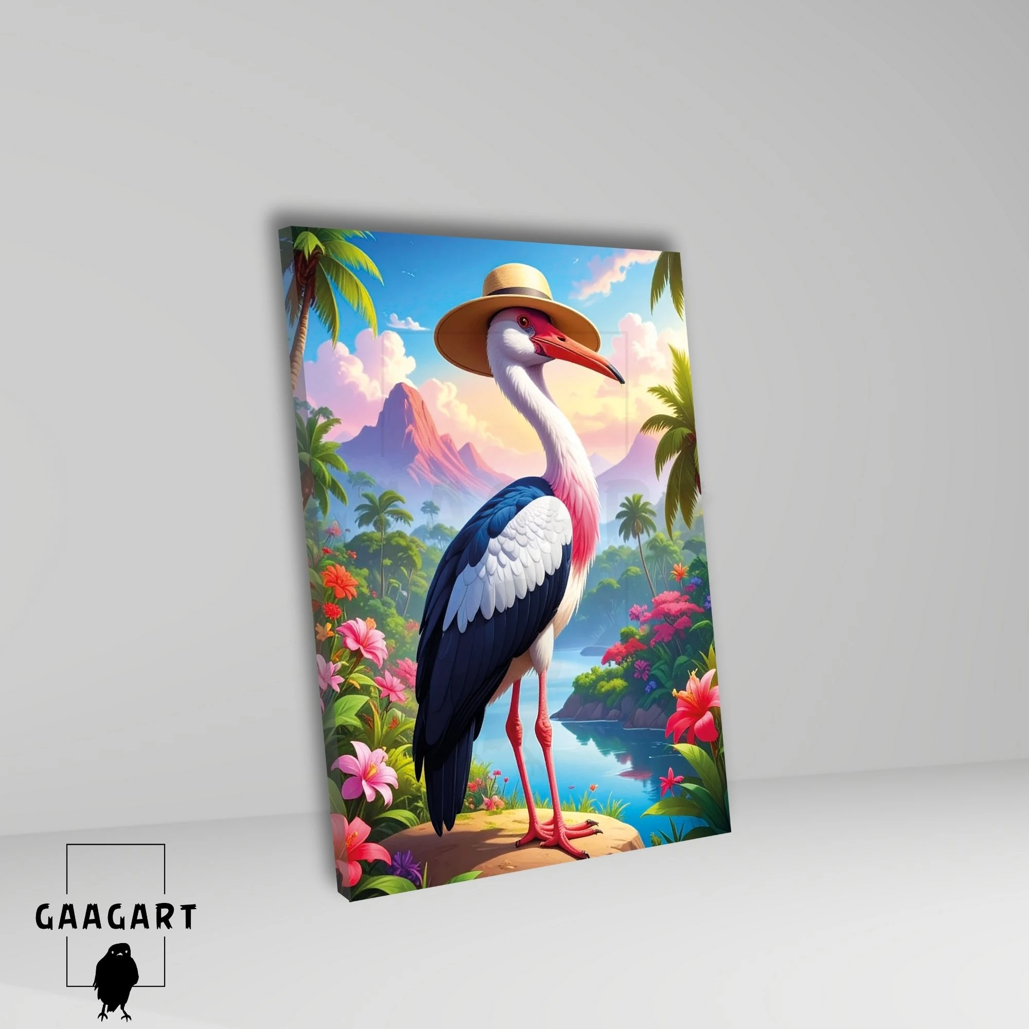 Tekli Dikey Kanvas Tablo Yüksek Kaliteli Renkli Şapkalı Tatilde Flamingo