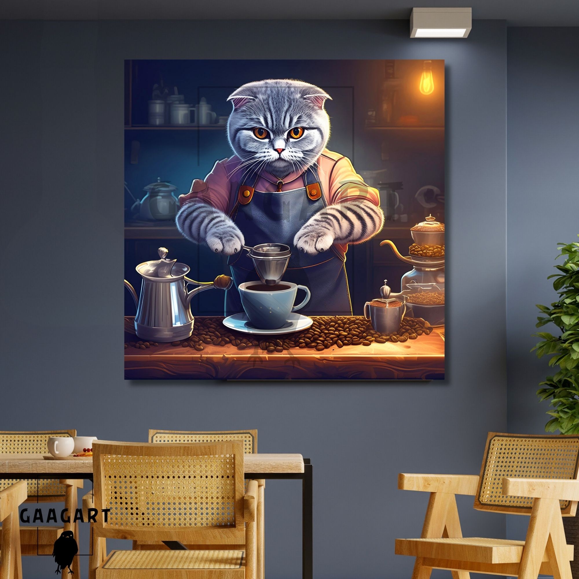 Kare Kanvas Kahve Köşesi Cafe Tablosu Barista Scottish Fold