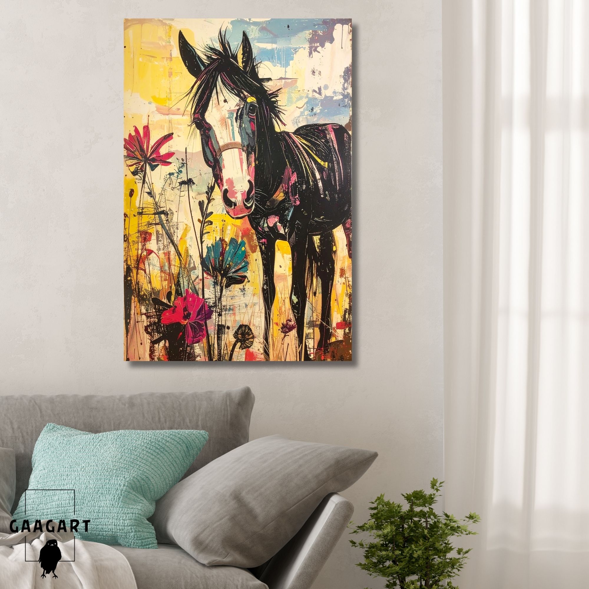 Tekli Dikey Kanvas Tablo Renkli Soft Sevimli At Portresi