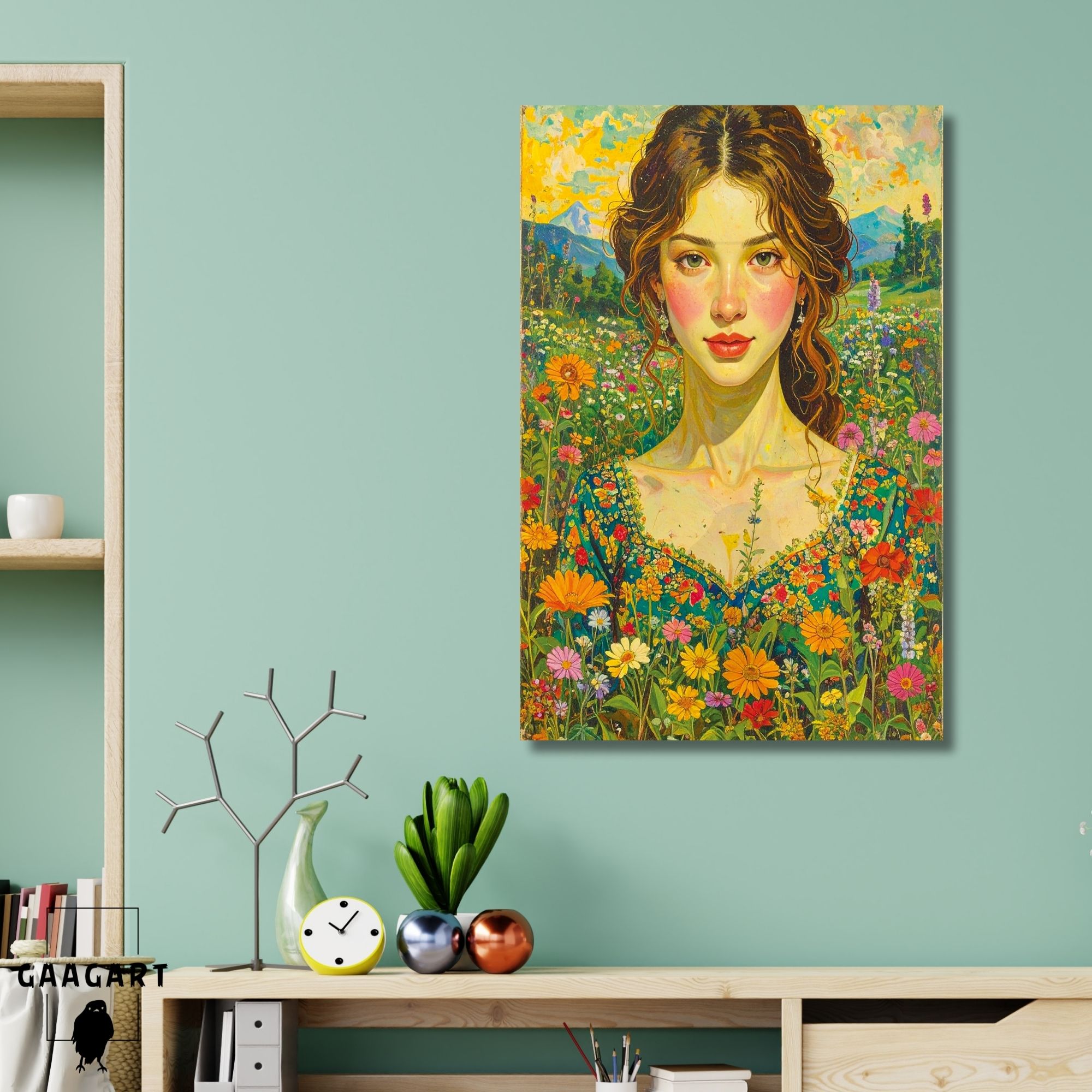 Tekli Dikey Kanvas Tablo Çiçekli Bahçe ve Masum Kız