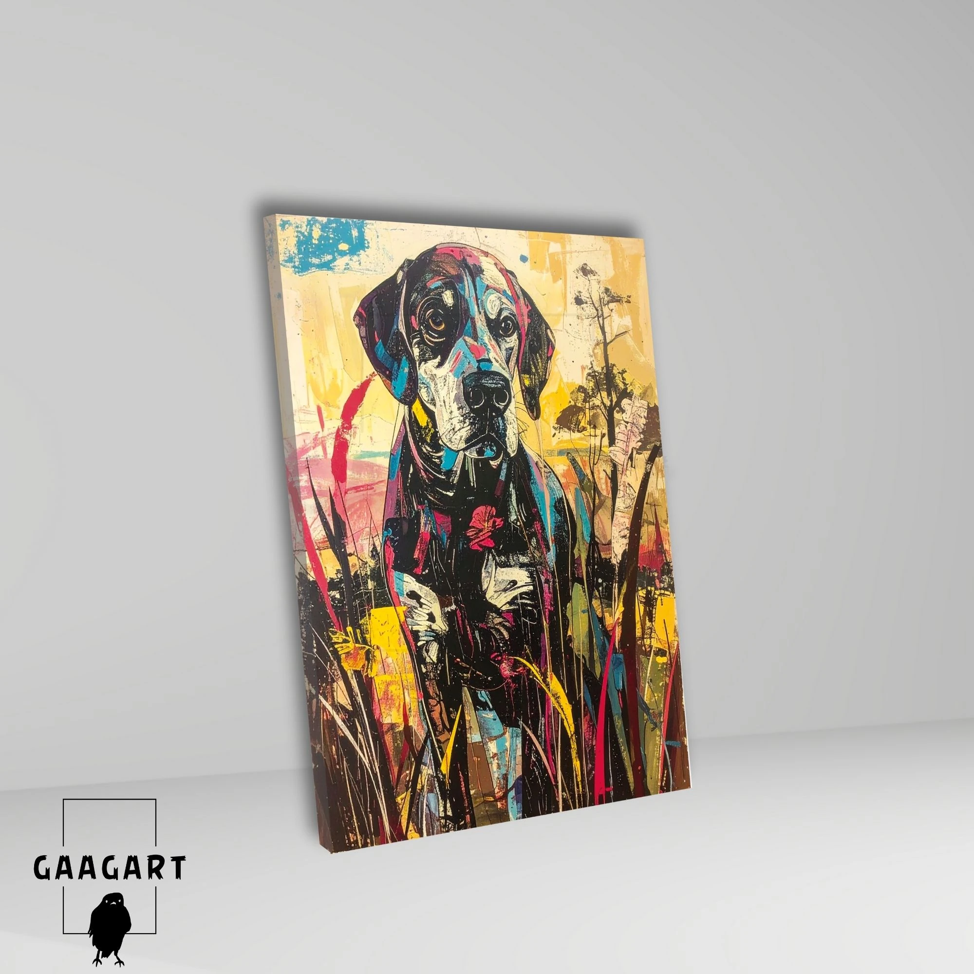 Tekli Dikey Kanvas Tablo Renkli Soft Köpek Portresi