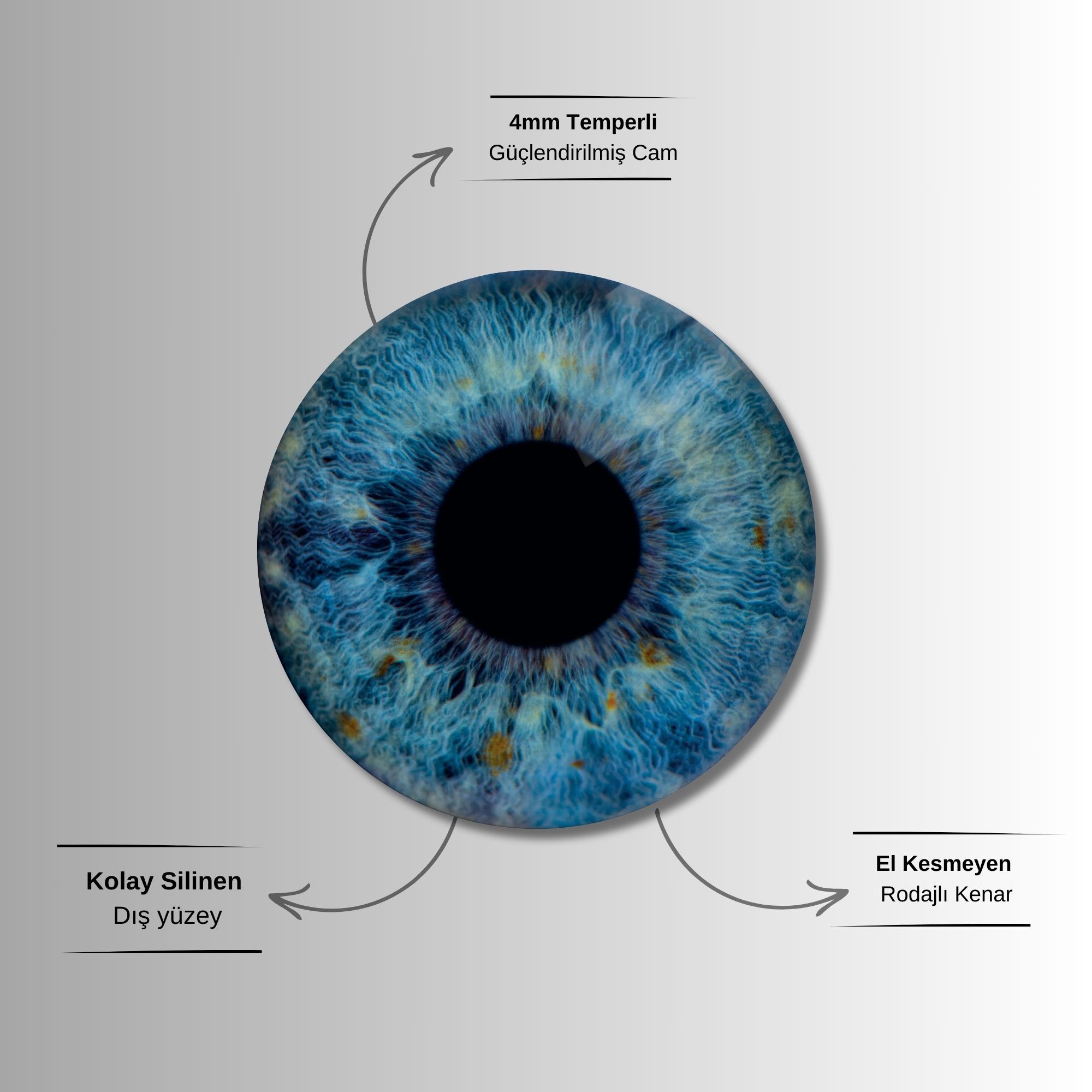 Yuvarlak Temperli Gerçek Cam Tablo Mavi İris Göz Tasarımı