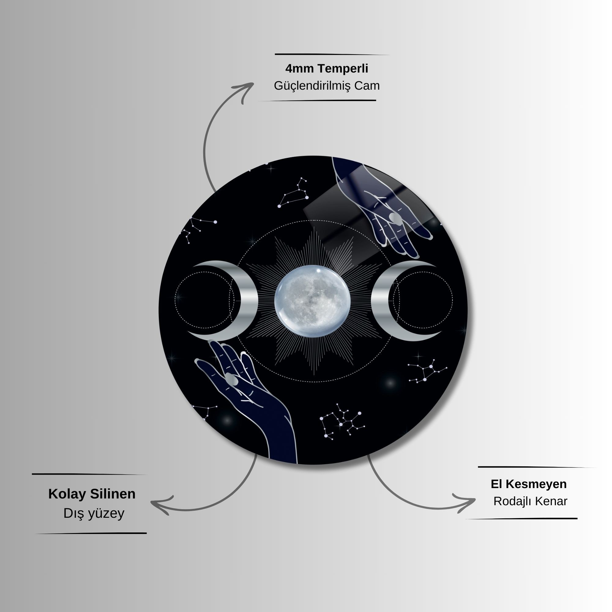 Yuvarlak Temperli Gerçek Cam Tablo Beyaz Ay Döngüsü