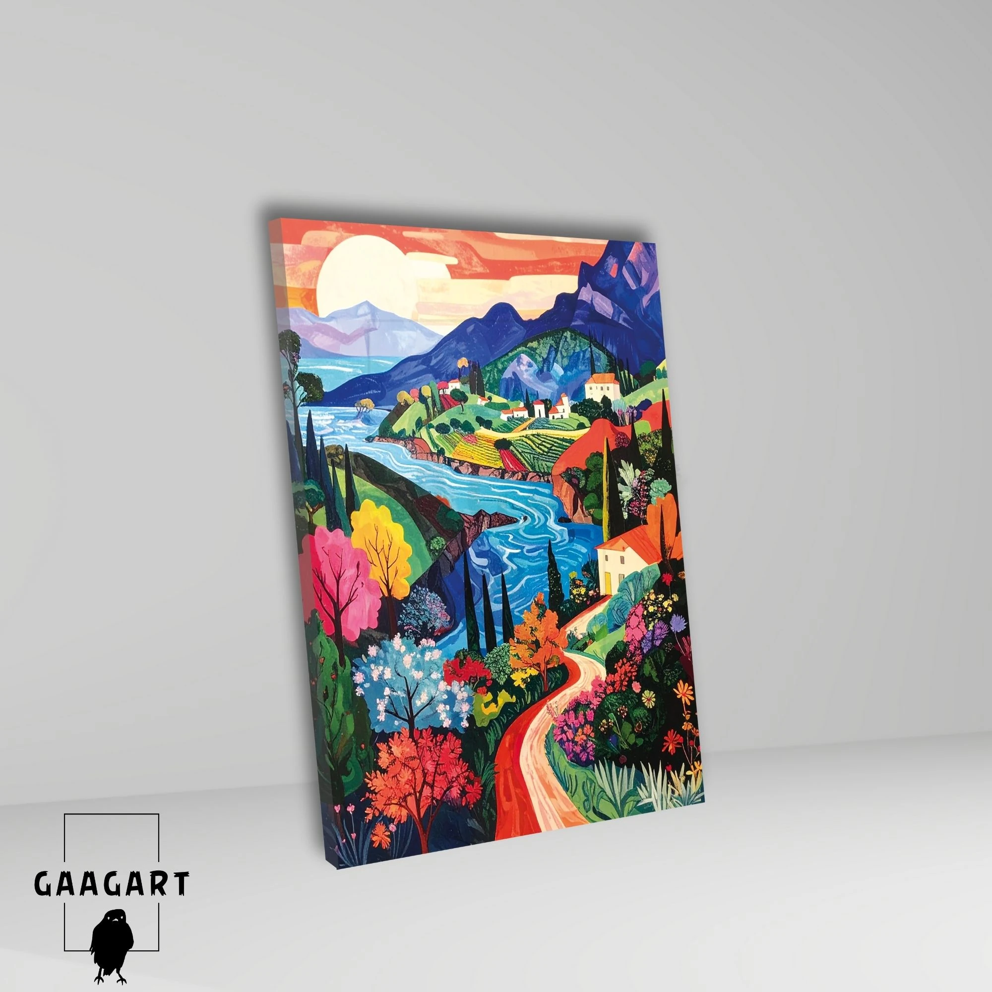 Tekli Dikey Kanvas Tablo Nehir Evler ve Yol Manzarası